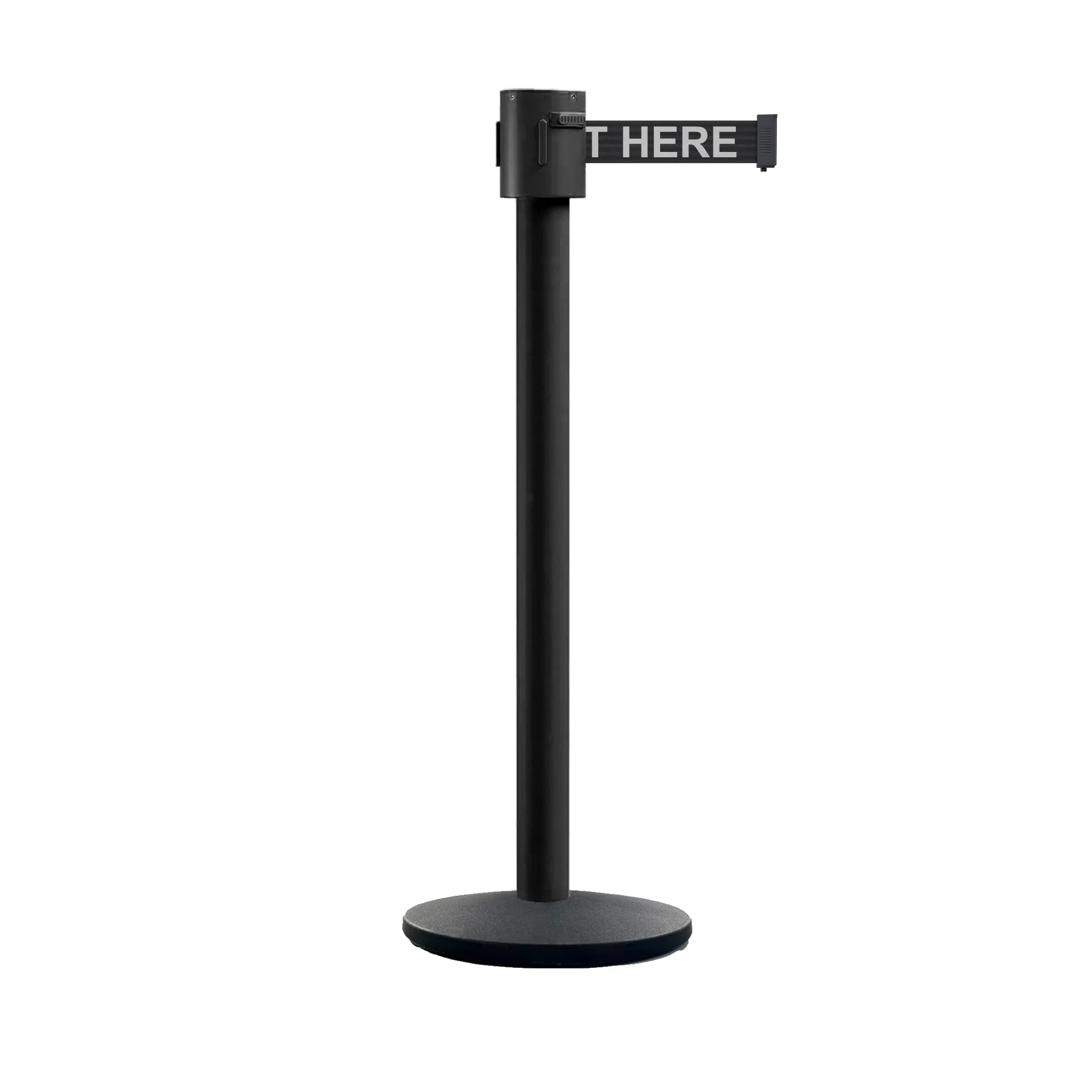 Retractable Belt Barrier Stanchion, Cast Iron Base Base, Black Powder Coated Post, 35 ft Belt - Montour Line MI760