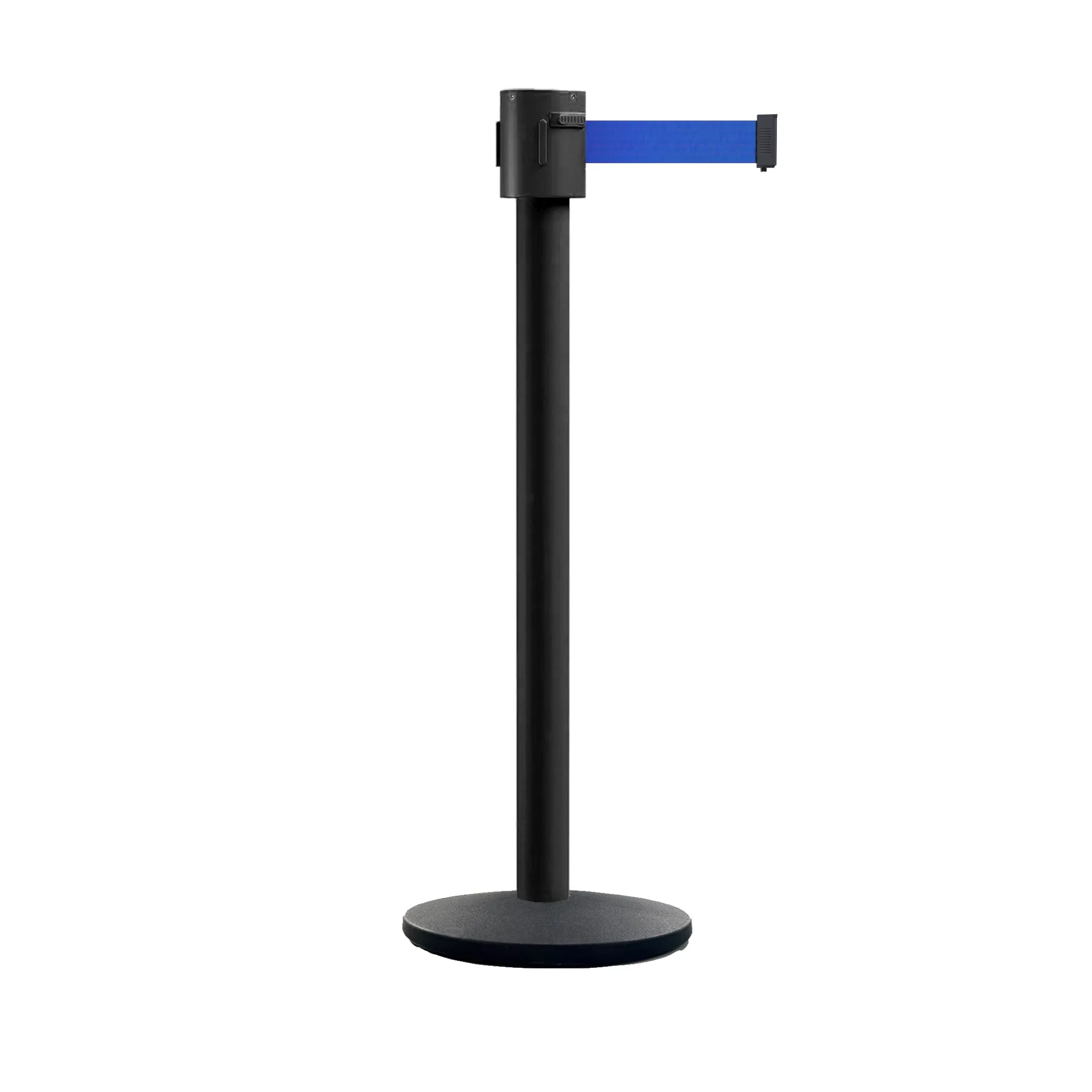 Retractable Belt Barrier Stanchion, Cast Iron Base Base, Black Powder Coated Post, 35 ft Belt - Montour Line MI760