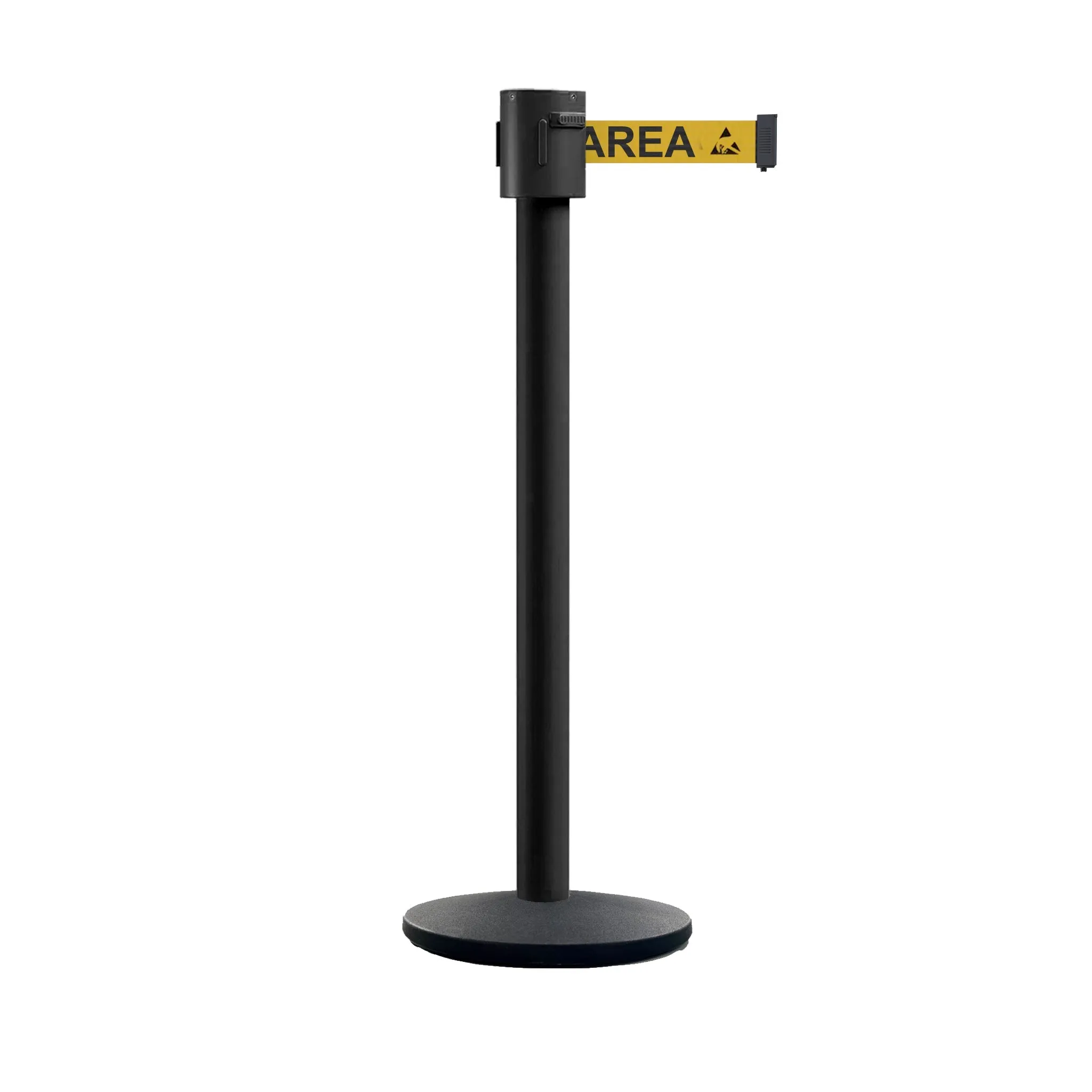 Retractable Belt Barrier Stanchion, Cast Iron Base Base, Black Powder Coated Post, 35 ft Belt - Montour Line MI760
