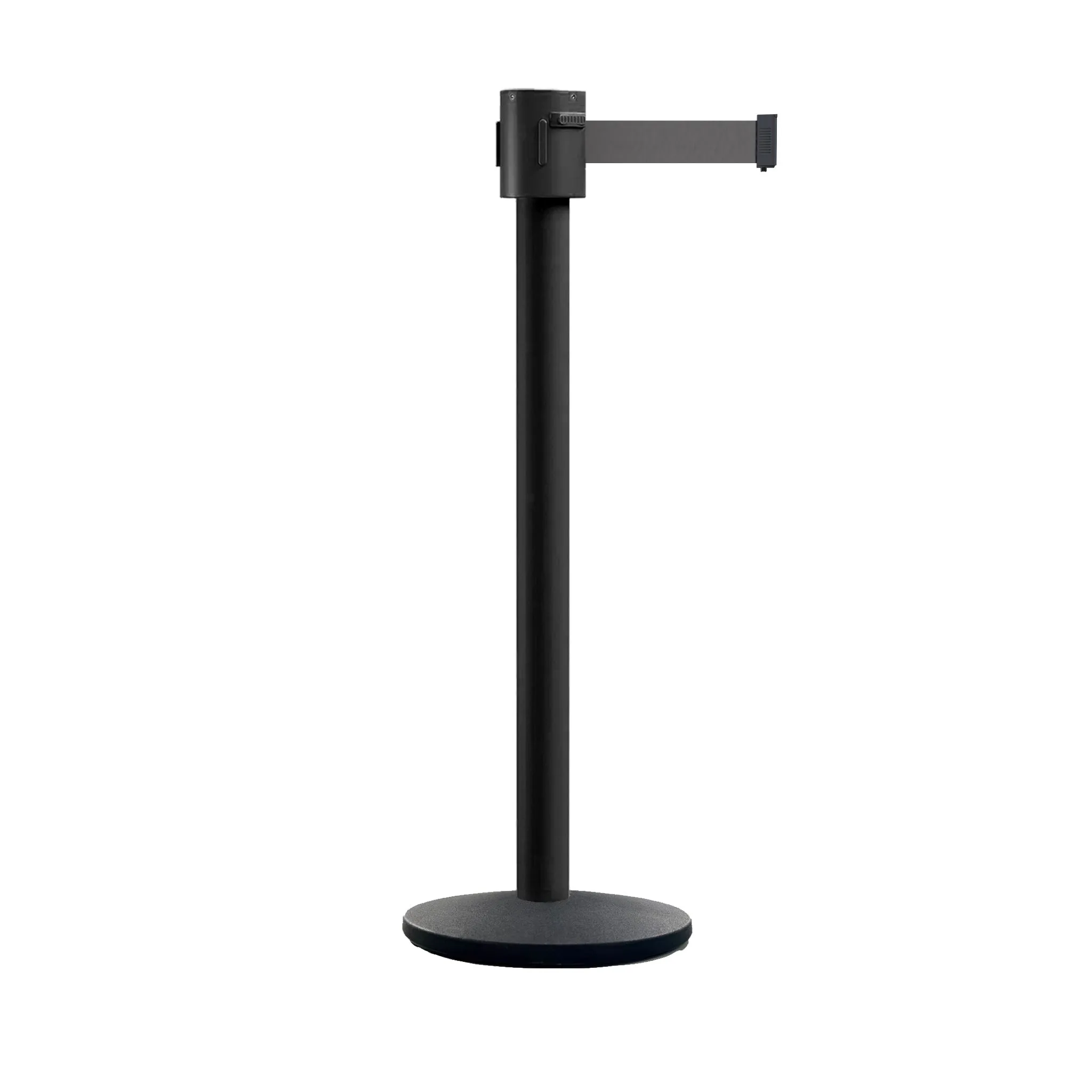 Retractable Belt Barrier Stanchion, Cast Iron Base Base, Black Powder Coated Post, 35 ft Belt - Montour Line MI760