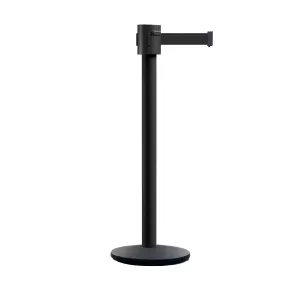 Retractable Belt Barrier Stanchion, Cast Iron Base Base, Black Powder Coated Post, 35 ft Belt - Montour Line MI760