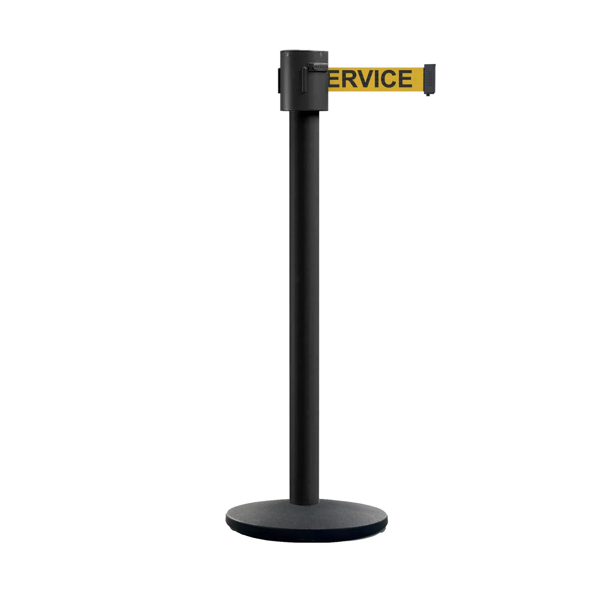 Retractable Belt Barrier Stanchion, Cast Iron Base Base, Black Powder Coated Post, 35 ft Belt - Montour Line MI760
