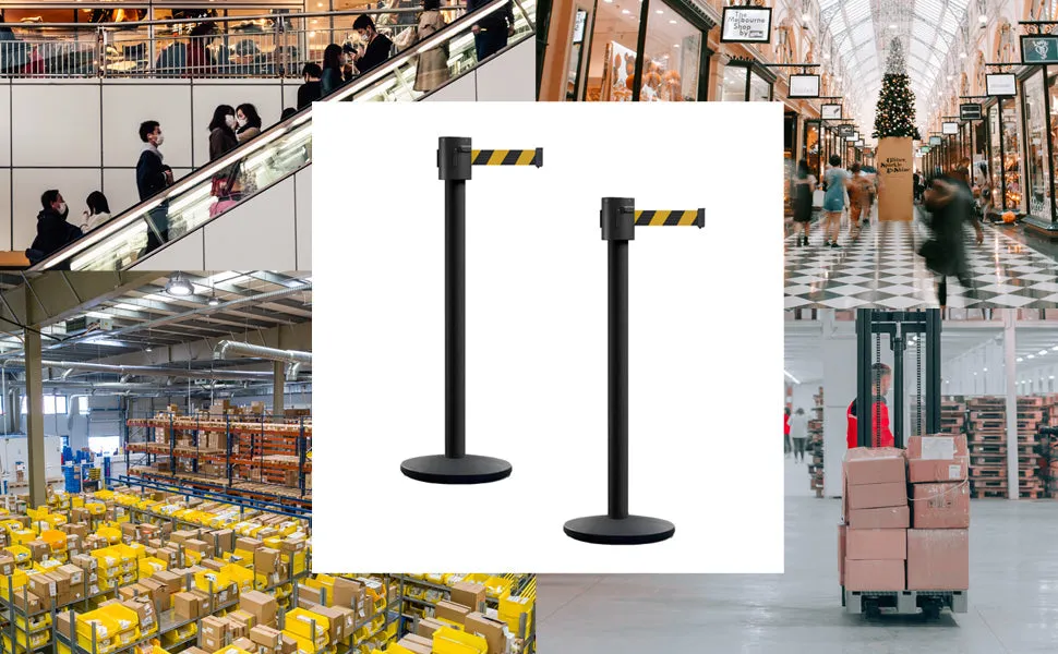 Retractable Belt Barrier Stanchion, Cast Iron Base Base, Black Powder Coated Post, 35 ft Belt - Montour Line MI760