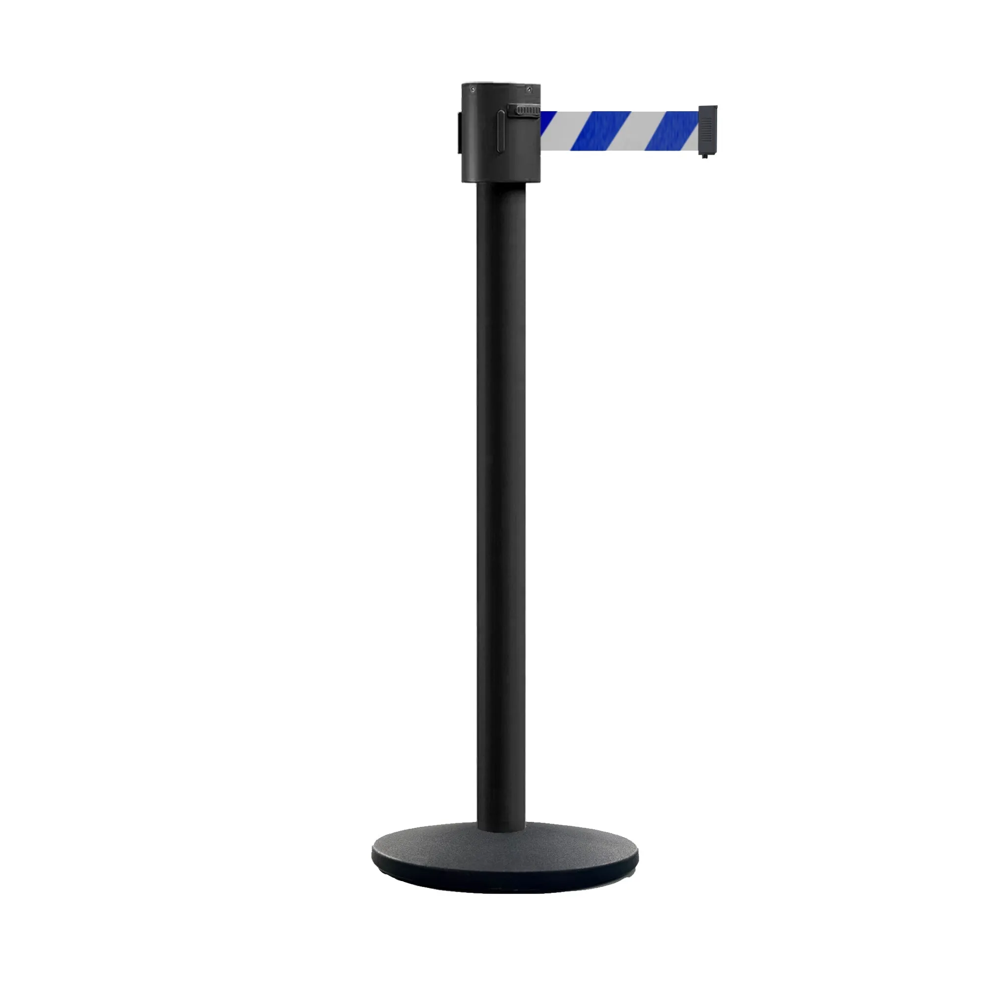Retractable Belt Barrier Stanchion, Cast Iron Base Base, Black Powder Coated Post, 35 ft Belt - Montour Line MI760