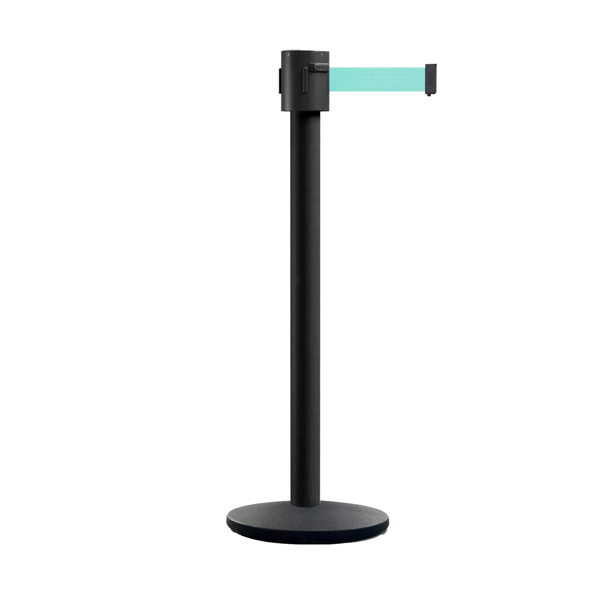 Retractable Belt Barrier Stanchion, Cast Iron Base Base, Black Powder Coated Post, 35 ft Belt - Montour Line MI760