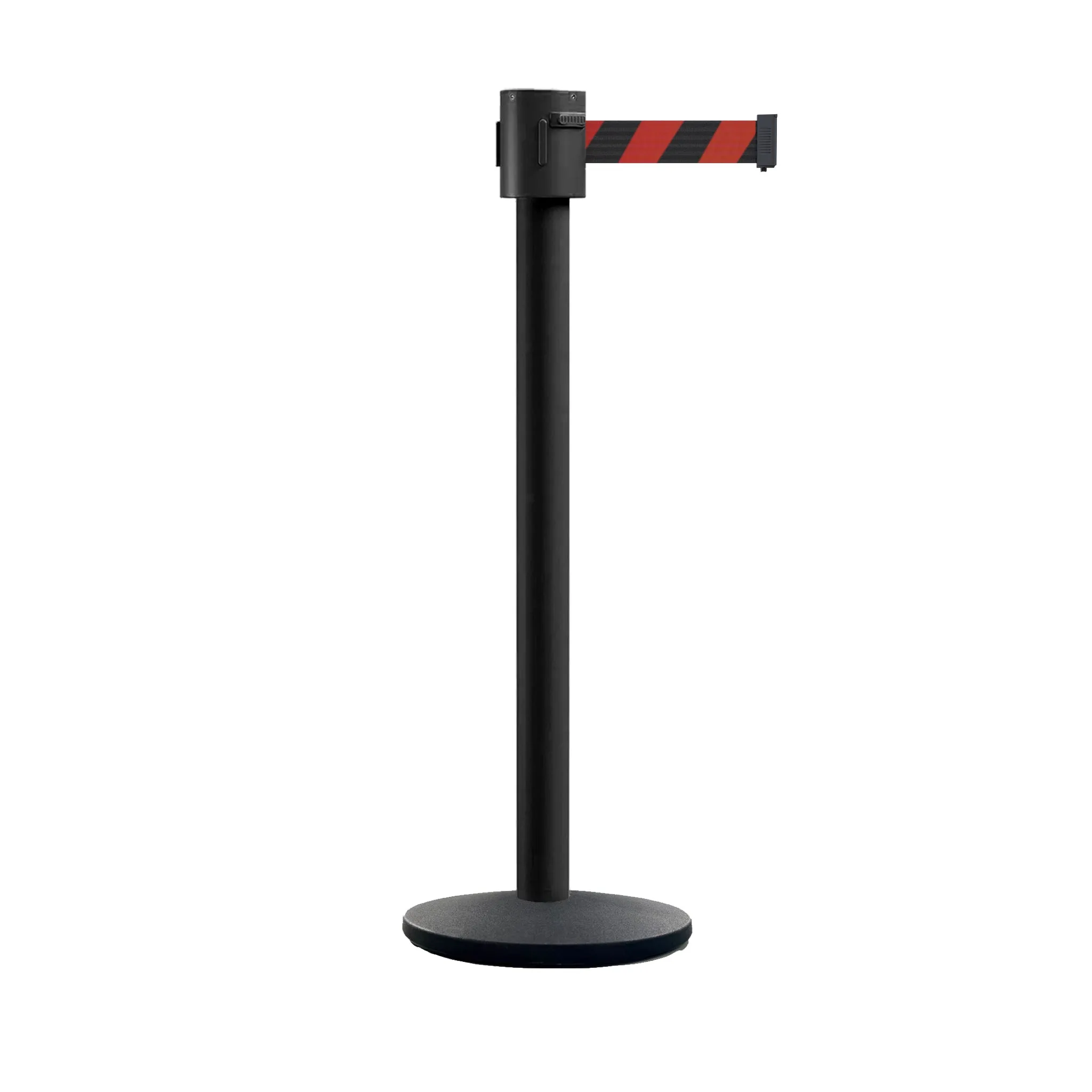 Retractable Belt Barrier Stanchion, Cast Iron Base Base, Black Powder Coated Post, 35 ft Belt - Montour Line MI760