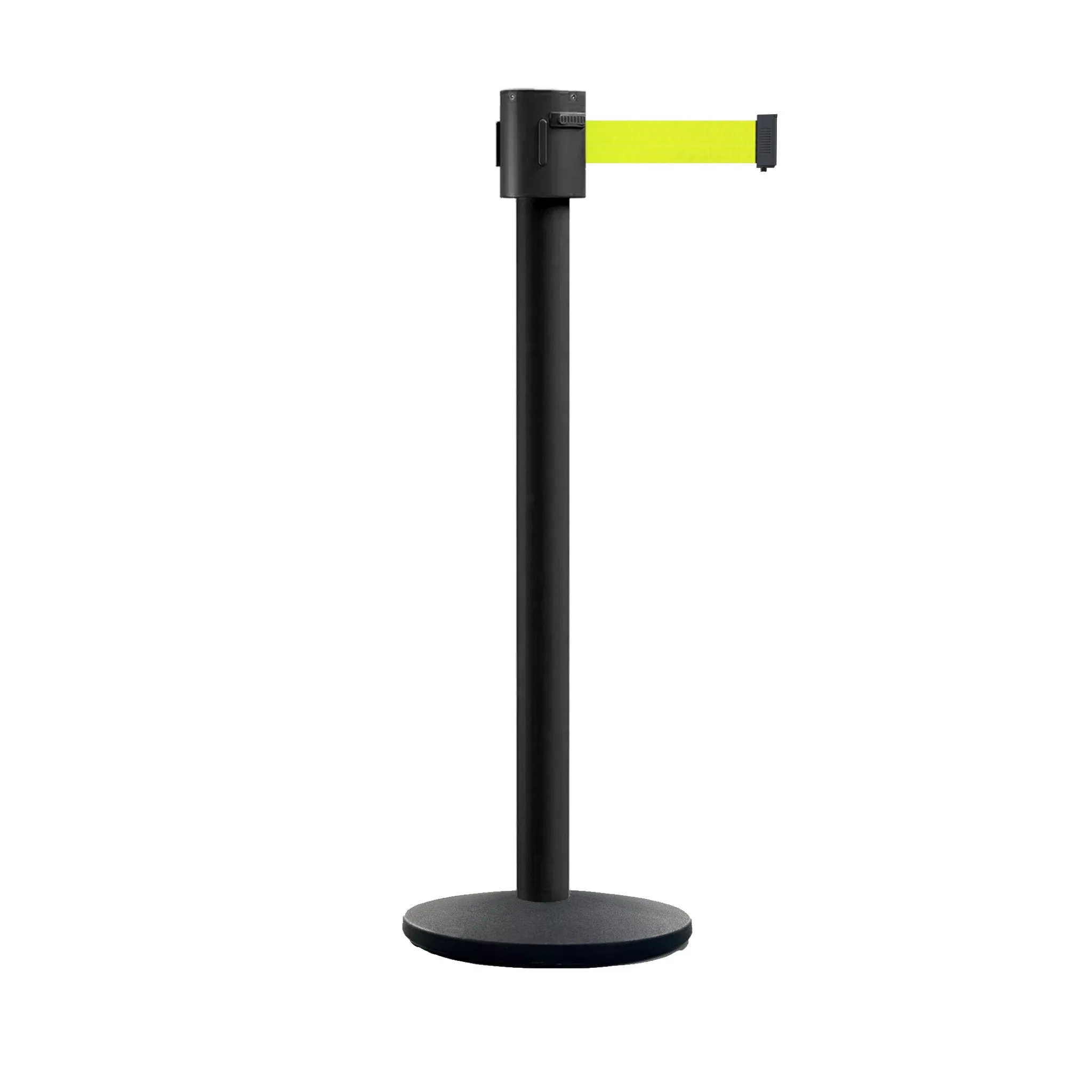 Retractable Belt Barrier Stanchion, Cast Iron Base Base, Black Powder Coated Post, 35 ft Belt - Montour Line MI760