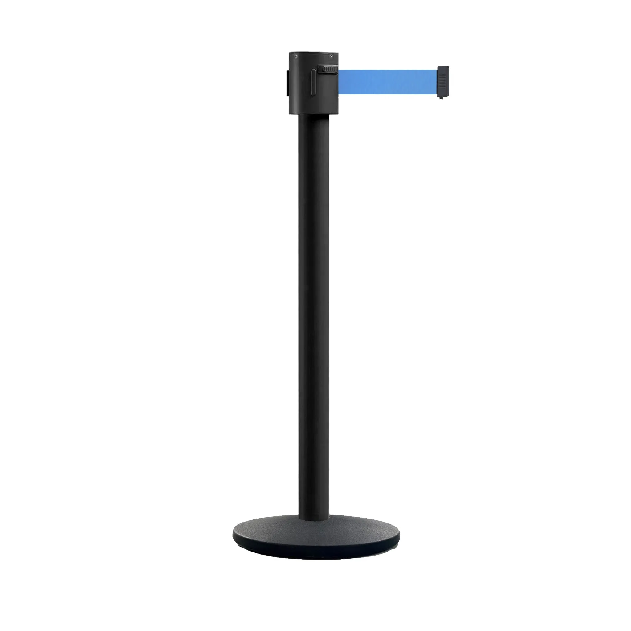 Retractable Belt Barrier Stanchion, Cast Iron Base Base, Black Powder Coated Post, 35 ft Belt - Montour Line MI760