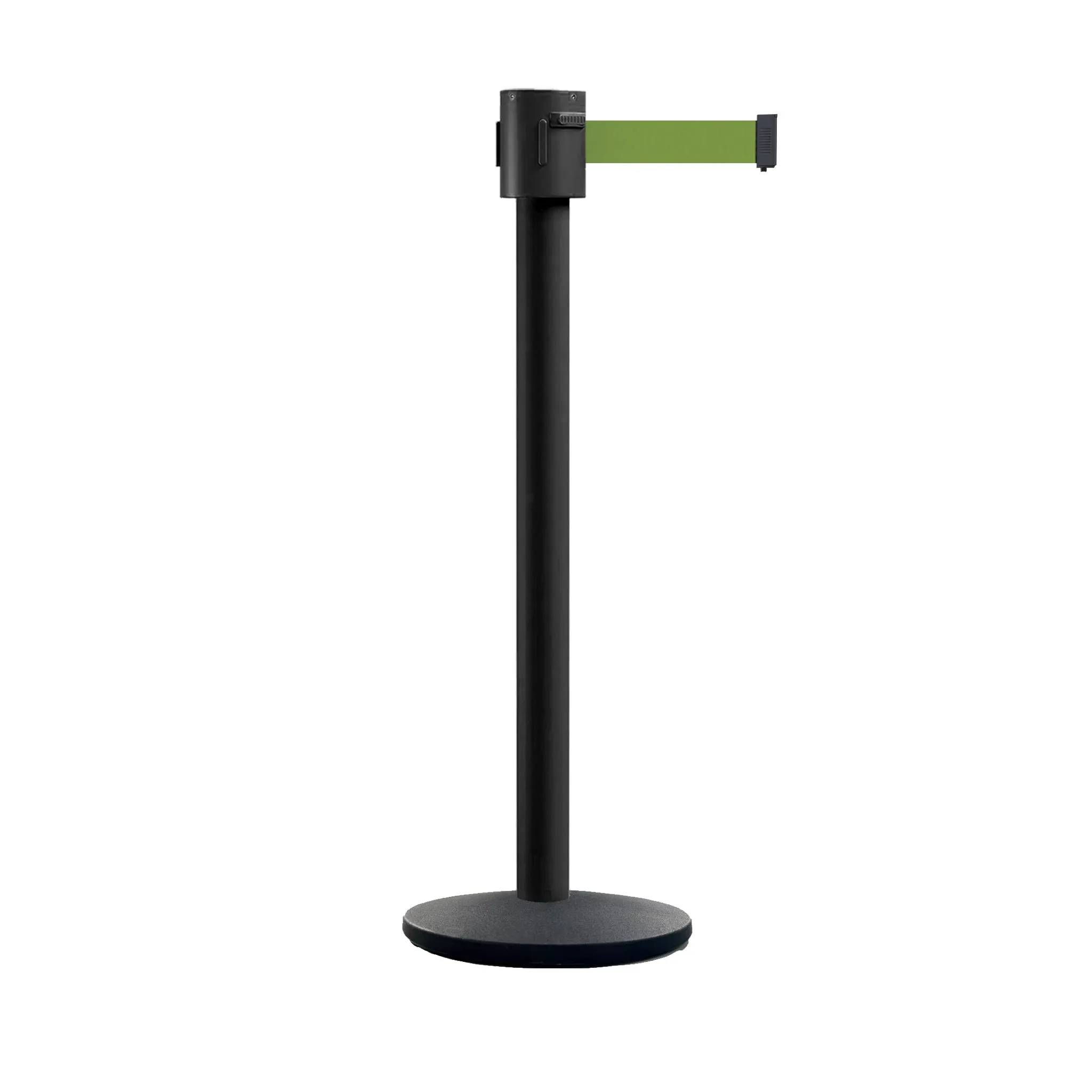 Retractable Belt Barrier Stanchion, Cast Iron Base Base, Black Powder Coated Post, 35 ft Belt - Montour Line MI760