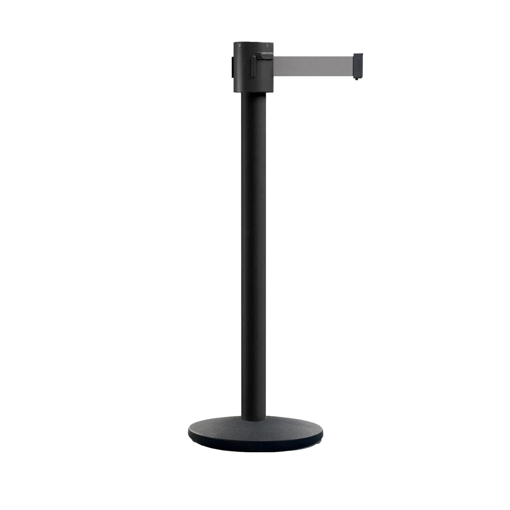 Retractable Belt Barrier Stanchion, Cast Iron Base Base, Black Powder Coated Post, 35 ft Belt - Montour Line MI760