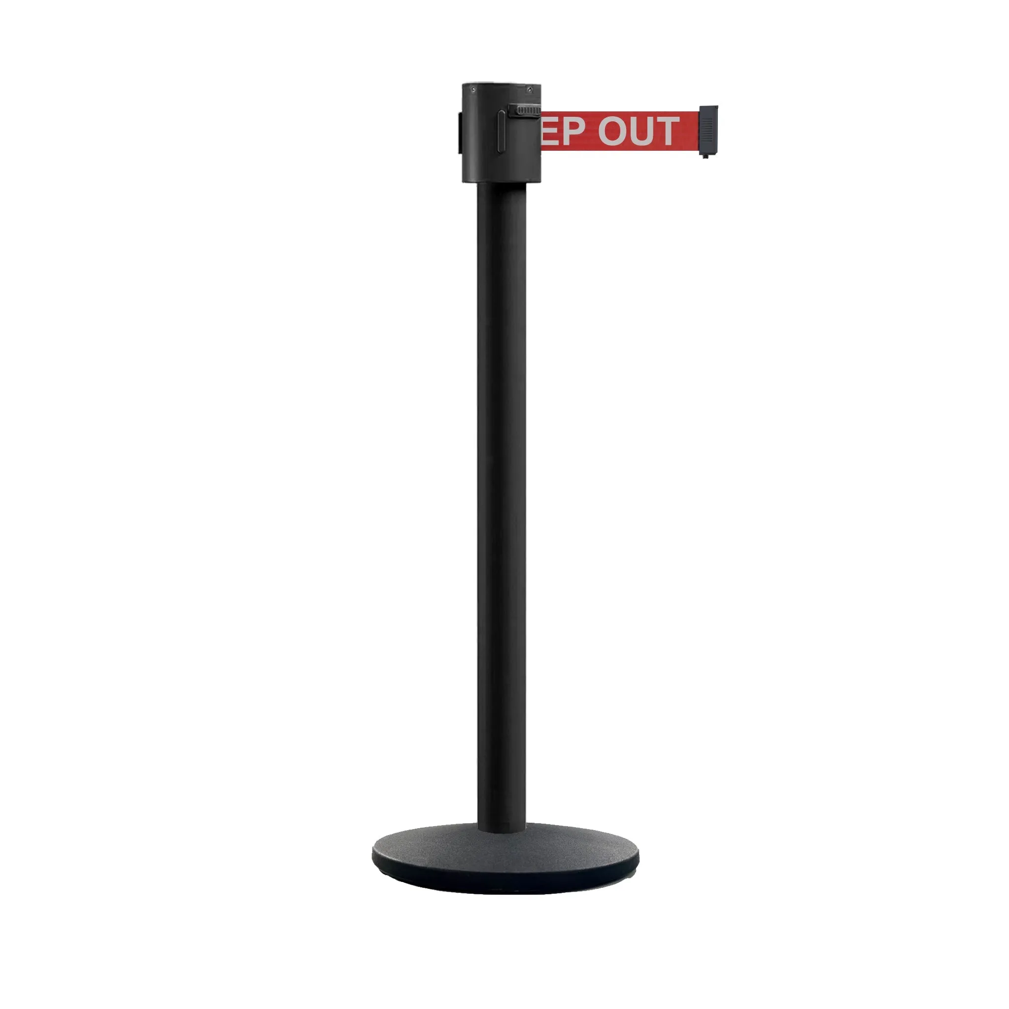 Retractable Belt Barrier Stanchion, Cast Iron Base Base, Black Powder Coated Post, 35 ft Belt - Montour Line MI760