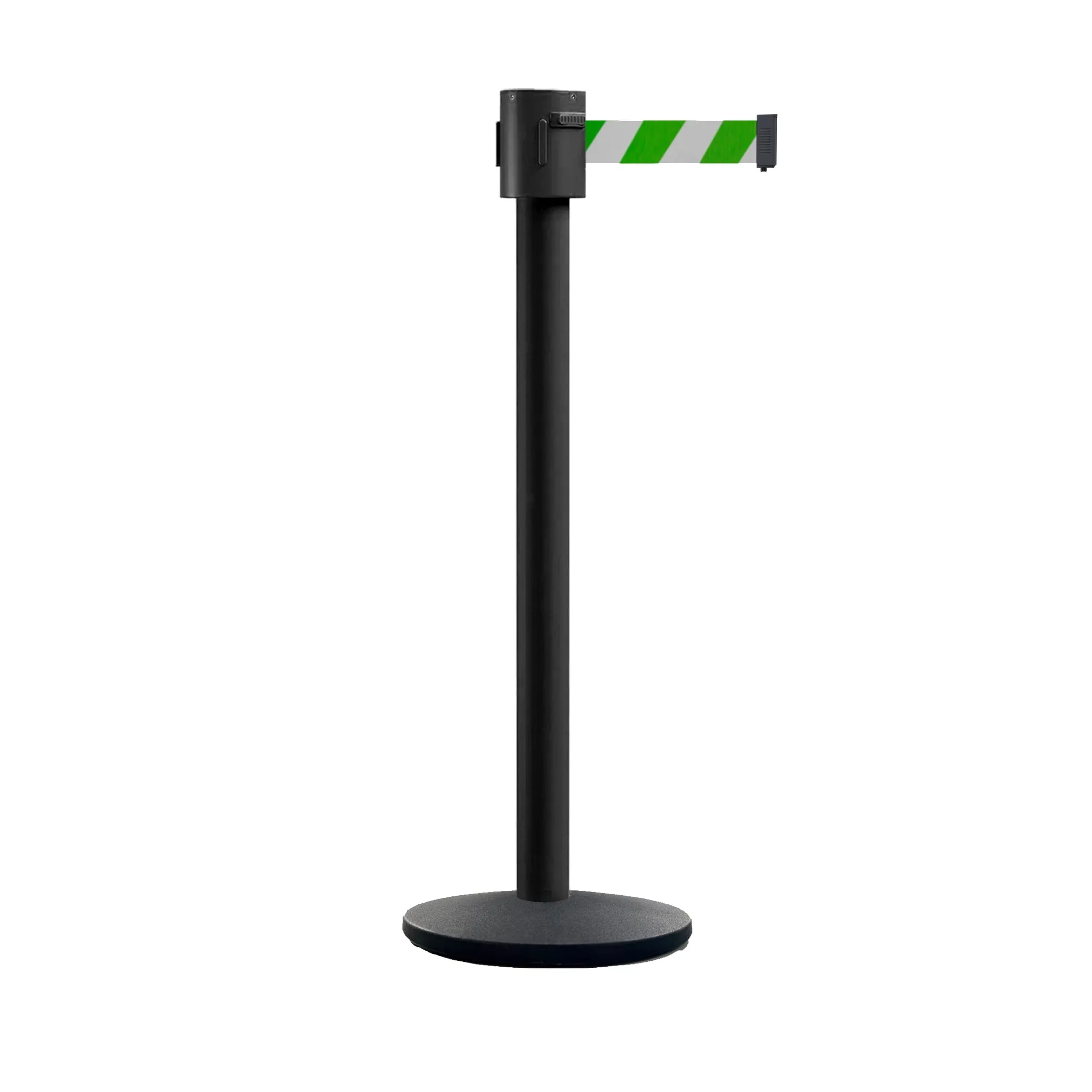Retractable Belt Barrier Stanchion, Cast Iron Base Base, Black Powder Coated Post, 35 ft Belt - Montour Line MI760