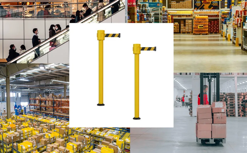 Retractable Belt Barrier Stanchion, Fixed Base, Yellow Post, 35 ft Belt - Montour Line MSX760F