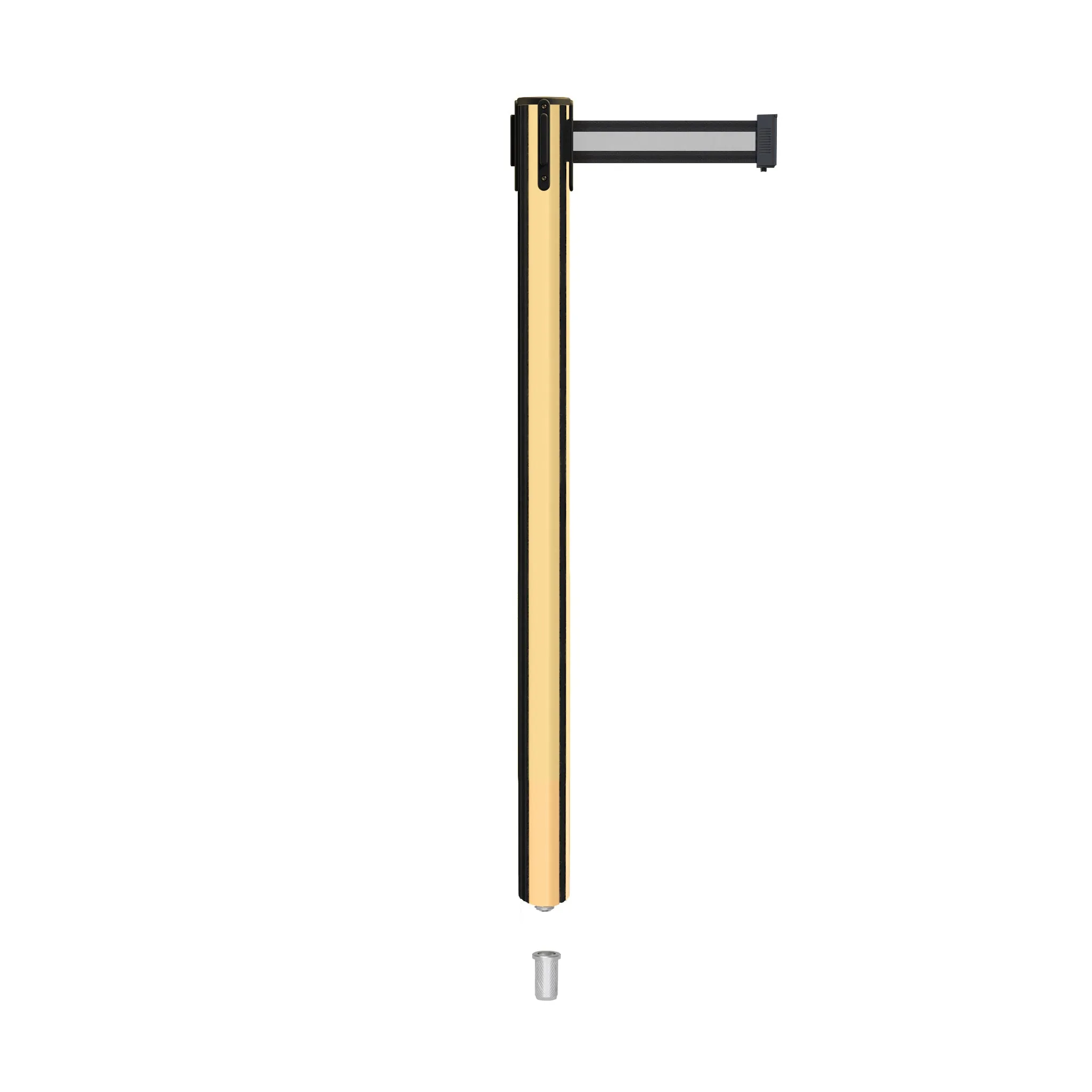 Retractable Belt Barrier Stanchion, Mini Socket Base, Polished Brass Post, 9 ft Belt - Montour Line MX630SK