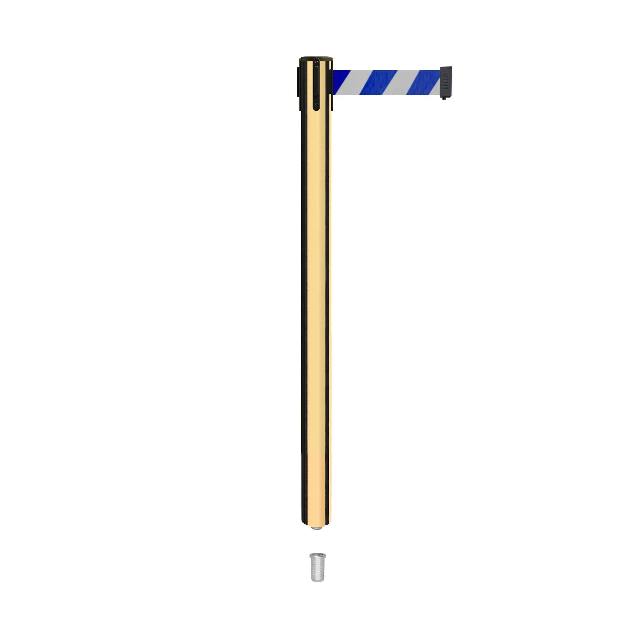 Retractable Belt Barrier Stanchion, Mini Socket Base, Polished Brass Post, 9 ft Belt - Montour Line MX630SK