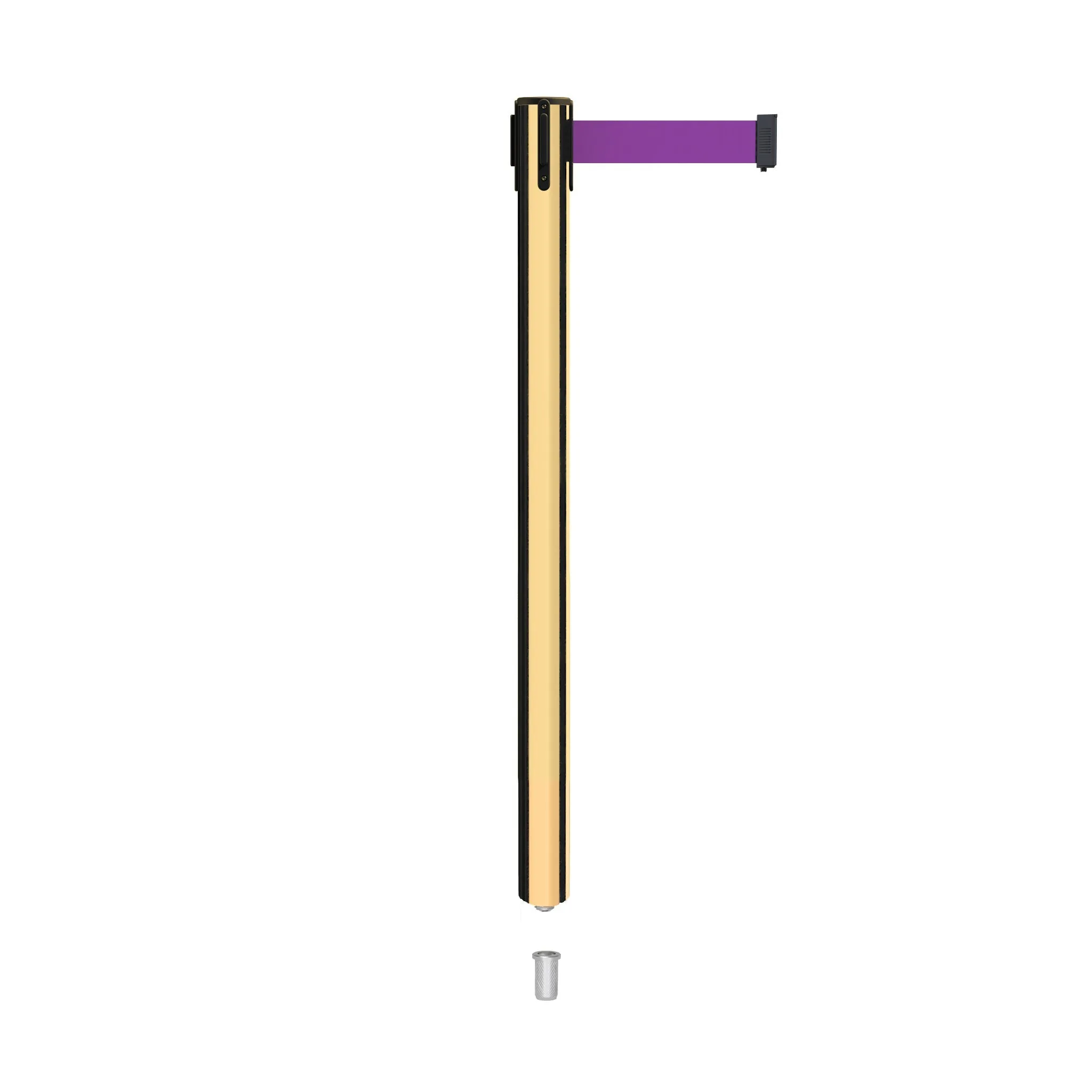 Retractable Belt Barrier Stanchion, Mini Socket Base, Polished Brass Post, 9 ft Belt - Montour Line MX630SK