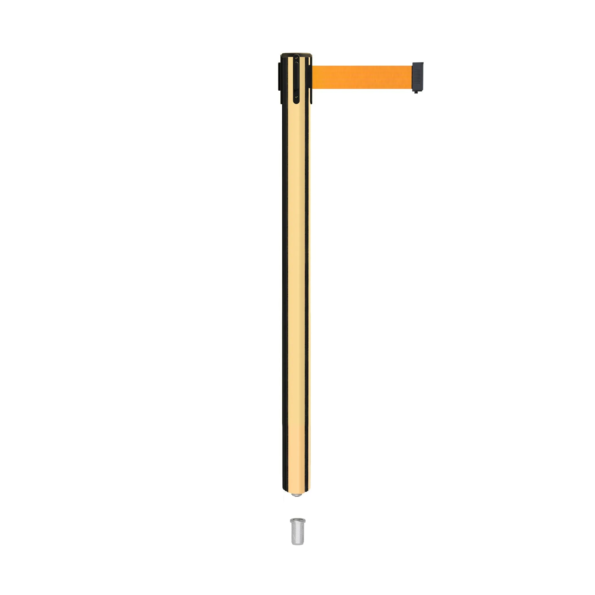 Retractable Belt Barrier Stanchion, Mini Socket Base, Polished Brass Post, 9 ft Belt - Montour Line MX630SK