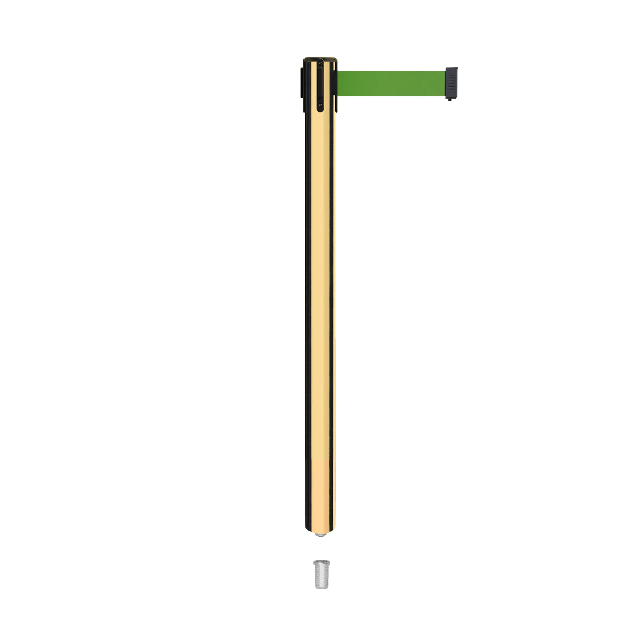 Retractable Belt Barrier Stanchion, Mini Socket Base, Polished Brass Post, 9 ft Belt - Montour Line MX630SK
