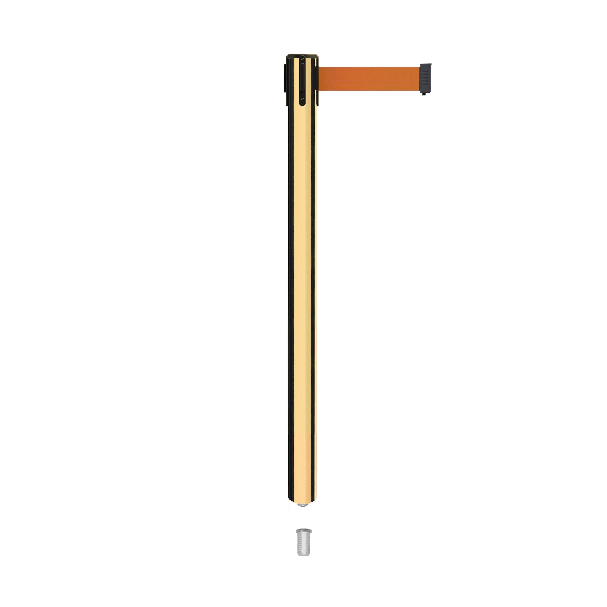 Retractable Belt Barrier Stanchion, Mini Socket Base, Polished Brass Post, 9 ft Belt - Montour Line MX630SK
