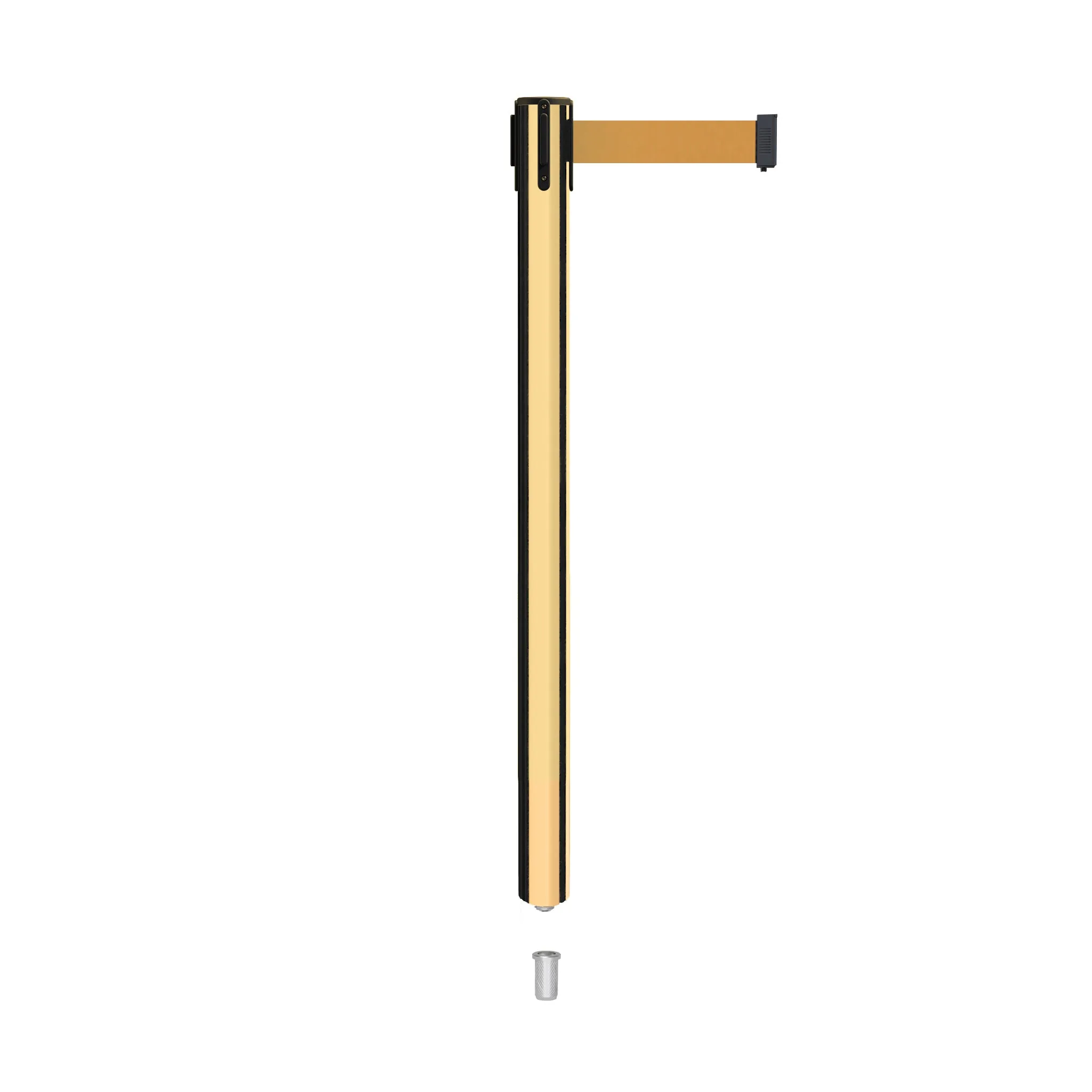 Retractable Belt Barrier Stanchion, Mini Socket Base, Polished Brass Post, 9 ft Belt - Montour Line MX630SK