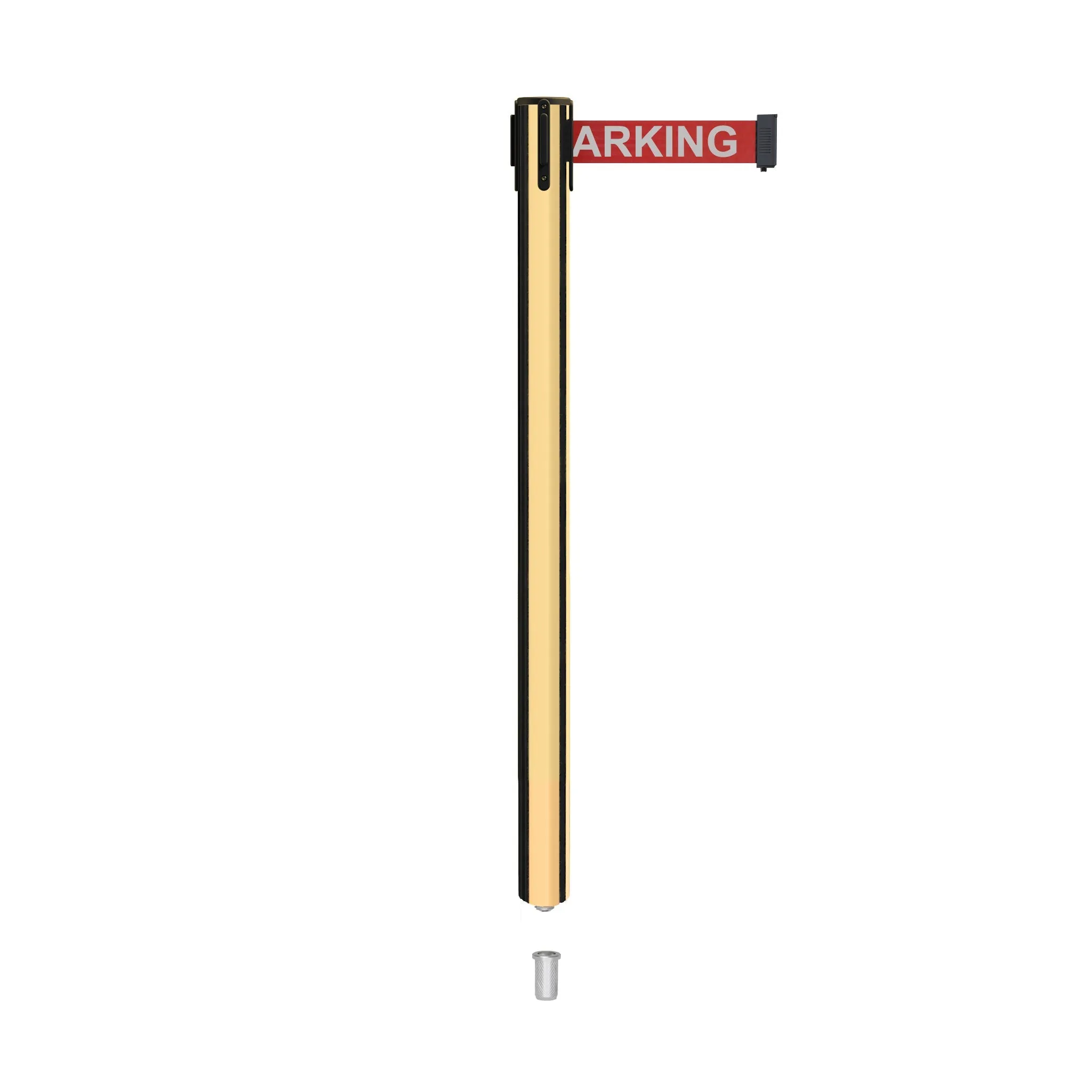 Retractable Belt Barrier Stanchion, Mini Socket Base, Polished Brass Post, 9 ft Belt - Montour Line MX630SK