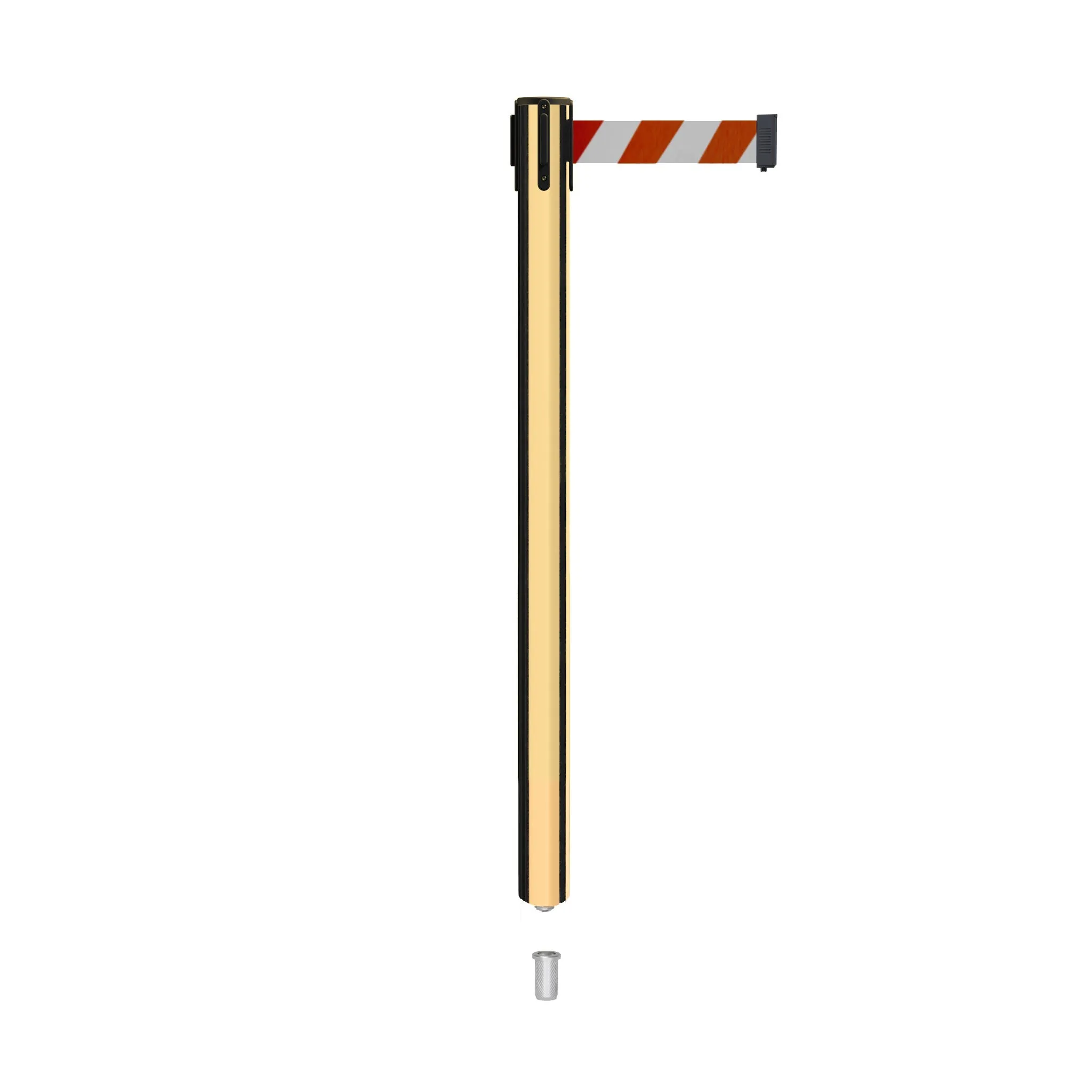 Retractable Belt Barrier Stanchion, Mini Socket Base, Polished Brass Post, 9 ft Belt - Montour Line MX630SK