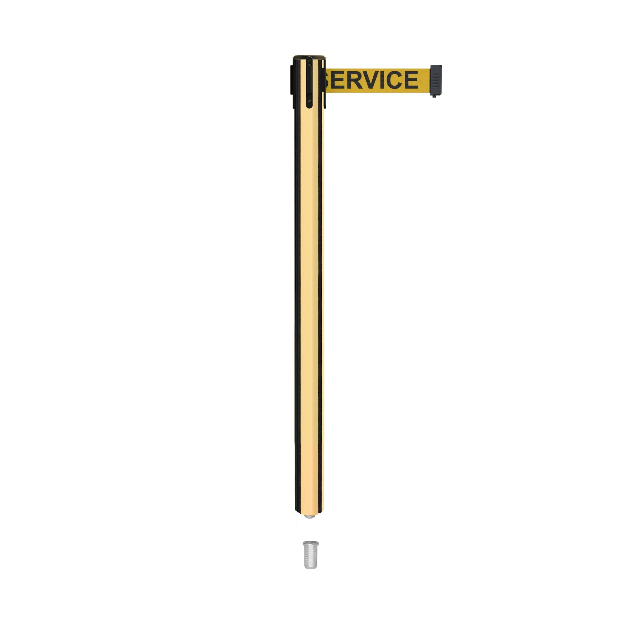 Retractable Belt Barrier Stanchion, Mini Socket Base, Polished Brass Post, 9 ft Belt - Montour Line MX630SK