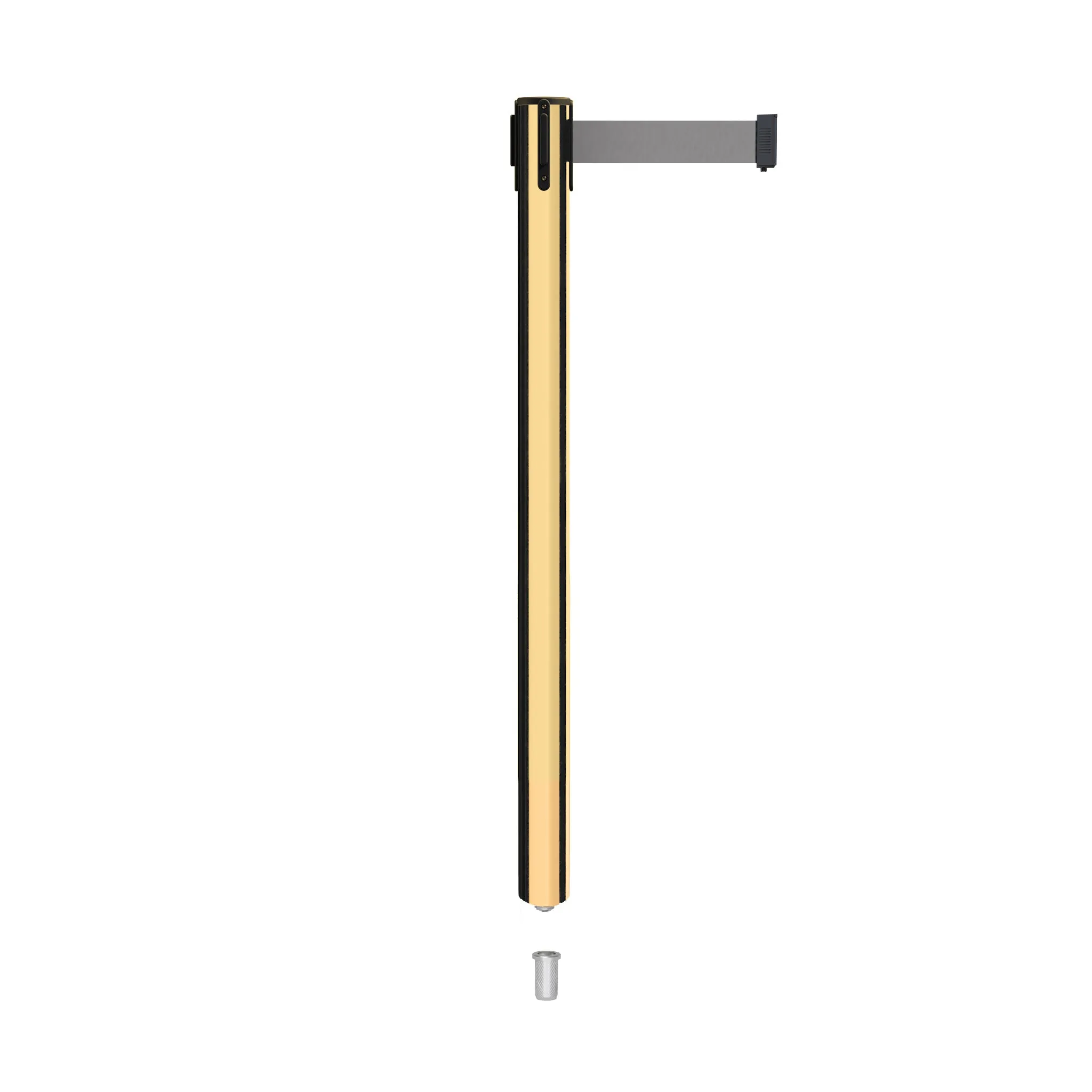 Retractable Belt Barrier Stanchion, Mini Socket Base, Polished Brass Post, 9 ft Belt - Montour Line MX630SK