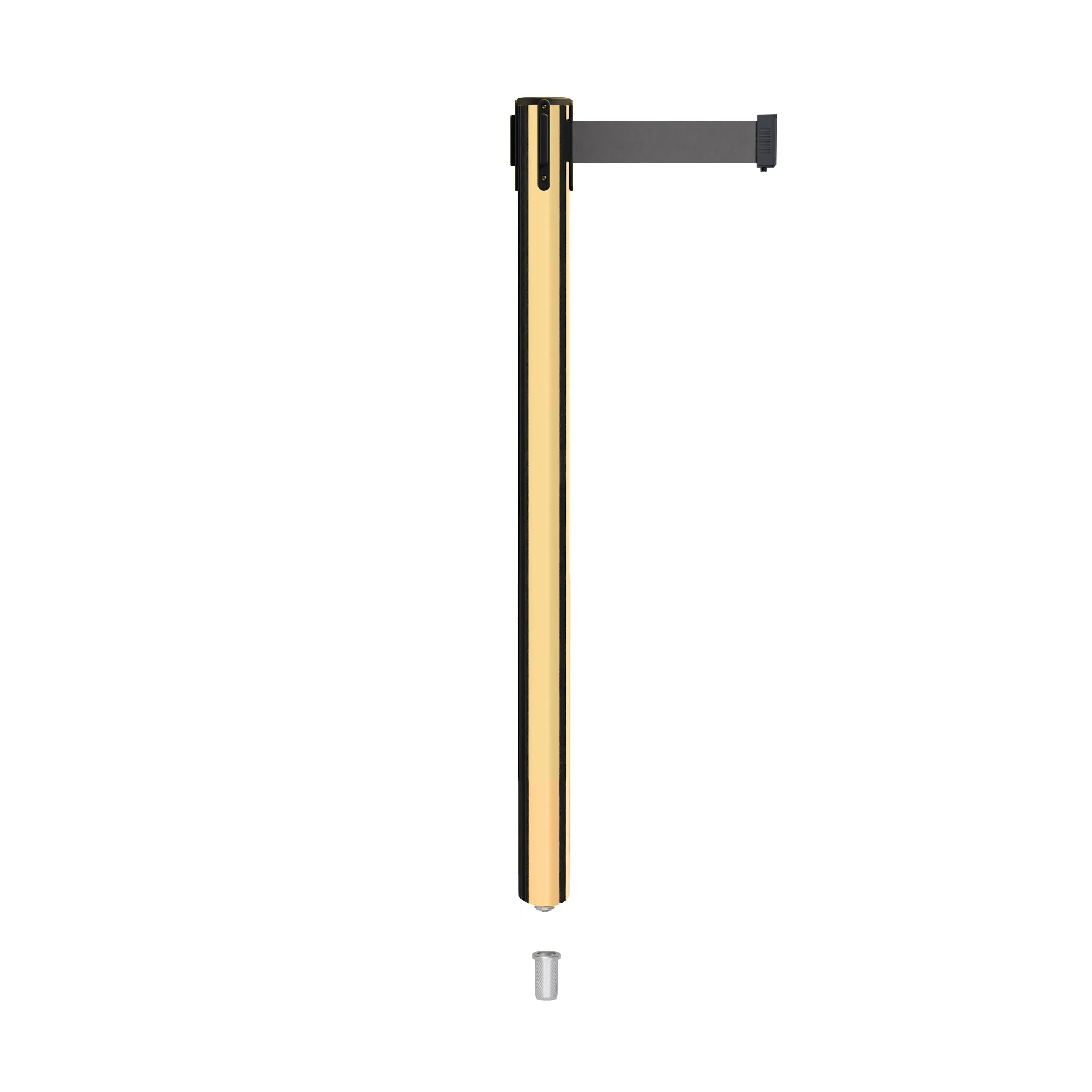 Retractable Belt Barrier Stanchion, Mini Socket Base, Polished Brass Post, 9 ft Belt - Montour Line MX630SK
