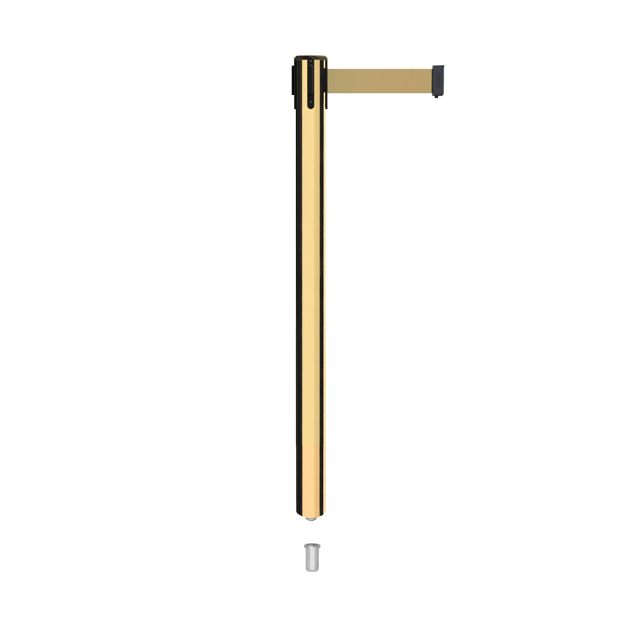 Retractable Belt Barrier Stanchion, Mini Socket Base, Polished Brass Post, 9 ft Belt - Montour Line MX630SK
