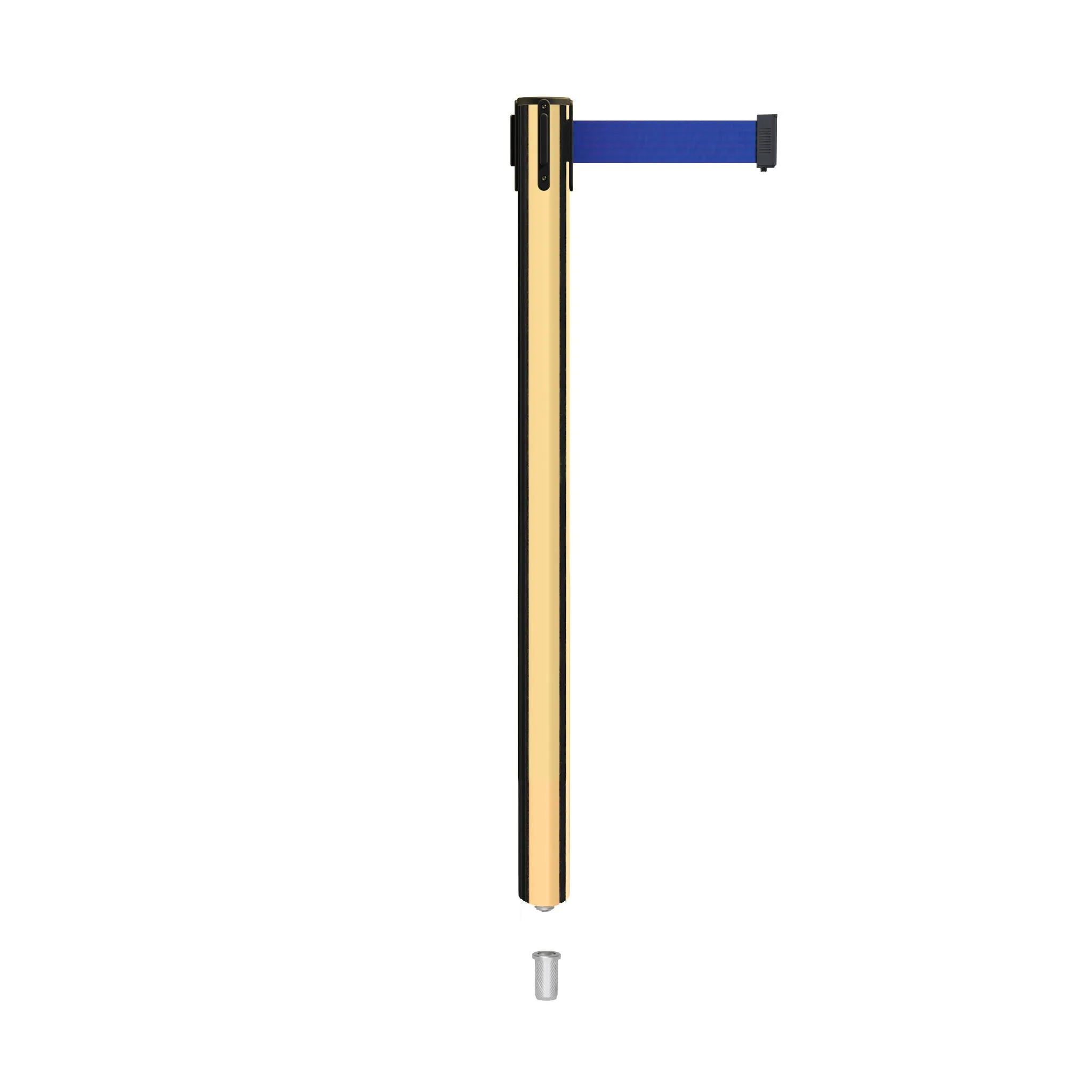 Retractable Belt Barrier Stanchion, Mini Socket Base, Polished Brass Post, 9 ft Belt - Montour Line MX630SK