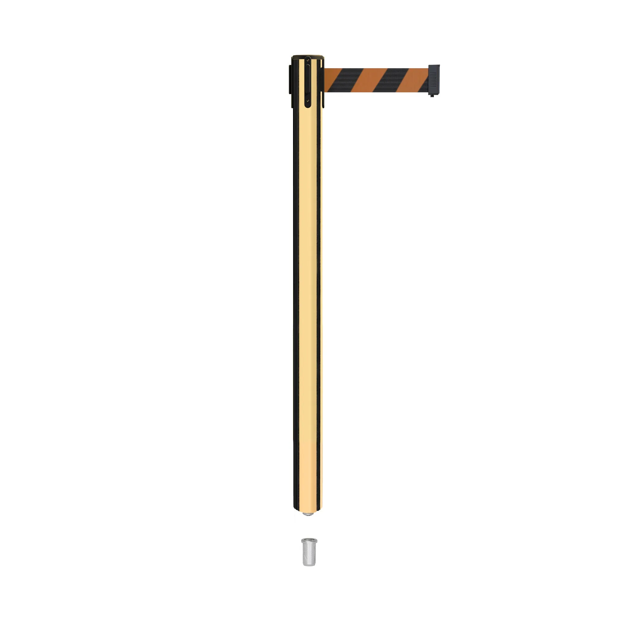 Retractable Belt Barrier Stanchion, Mini Socket Base, Polished Brass Post, 9 ft Belt - Montour Line MX630SK