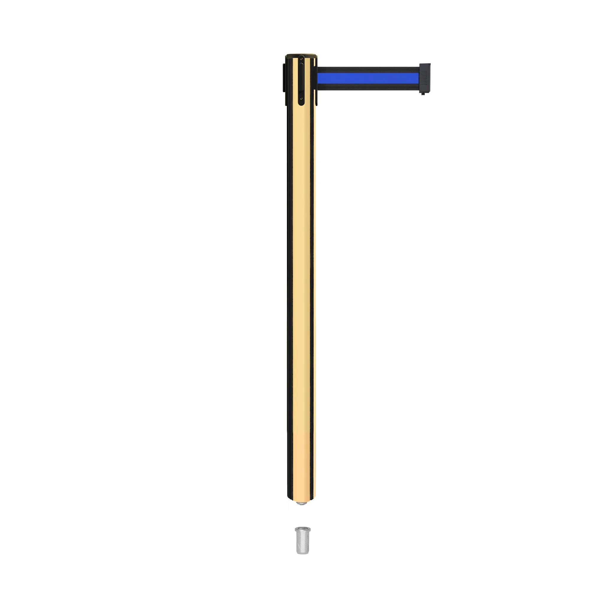 Retractable Belt Barrier Stanchion, Mini Socket Base, Polished Brass Post, 9 ft Belt - Montour Line MX630SK