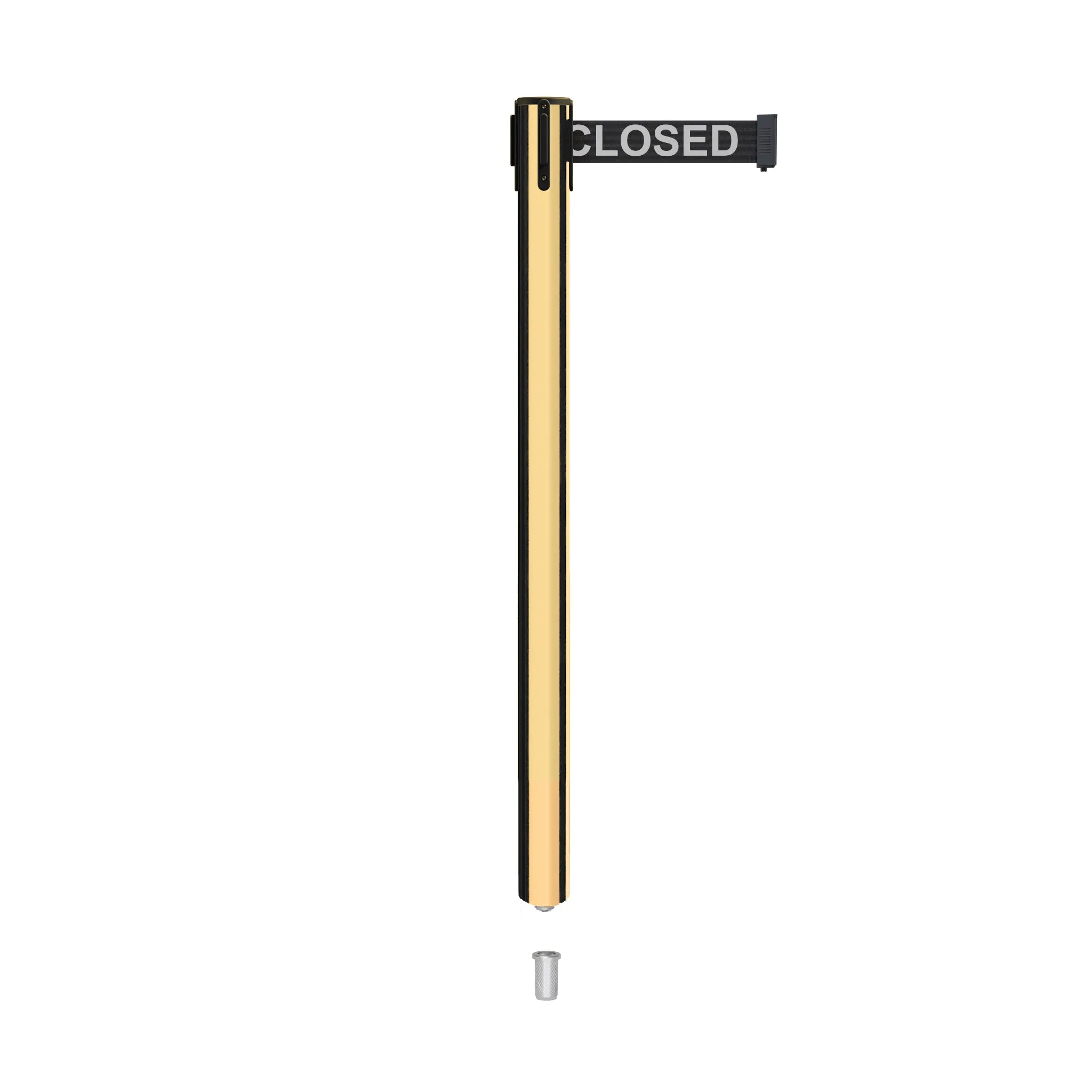 Retractable Belt Barrier Stanchion, Mini Socket Base, Polished Brass Post, 9 ft Belt - Montour Line MX630SK