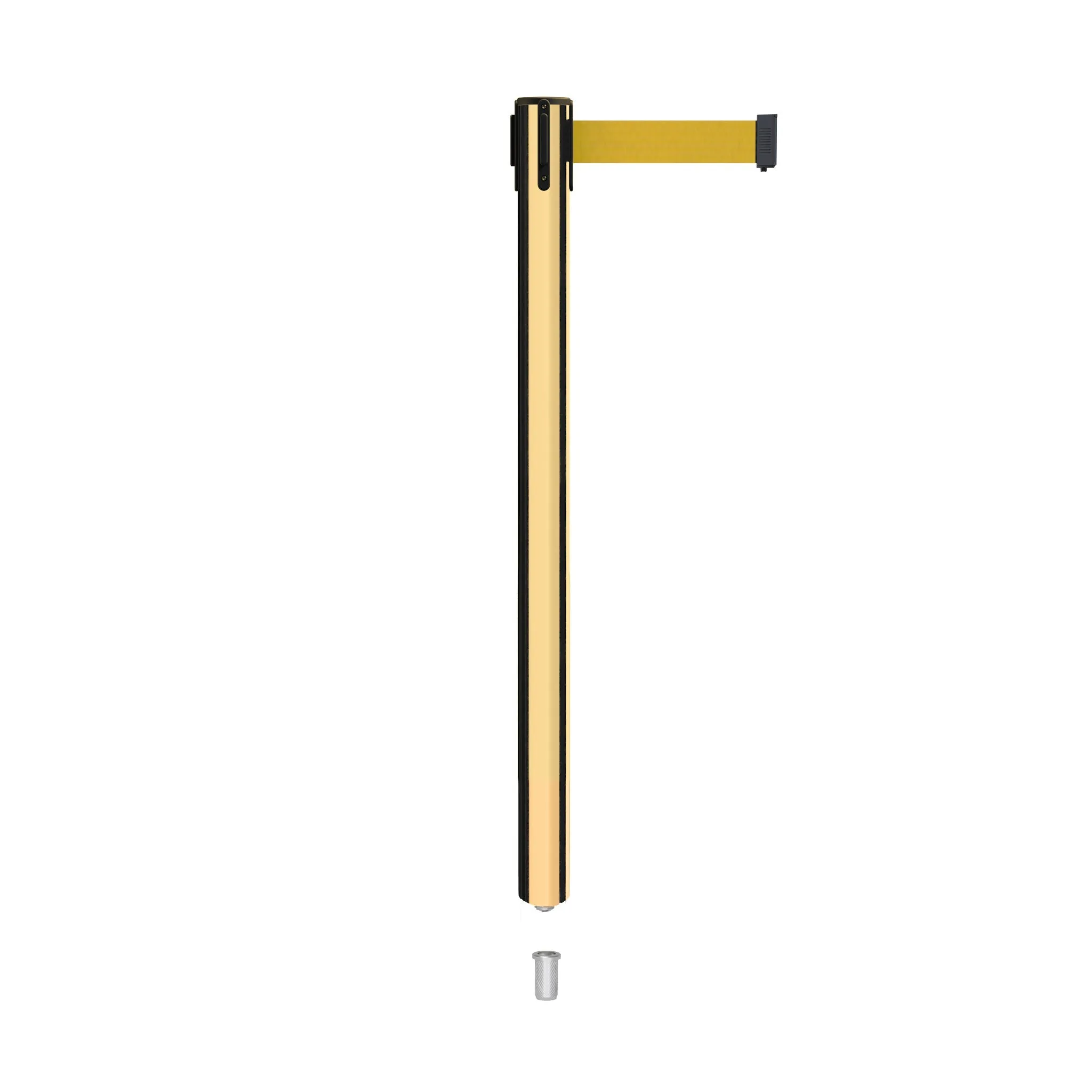 Retractable Belt Barrier Stanchion, Mini Socket Base, Polished Brass Post, 9 ft Belt - Montour Line MX630SK
