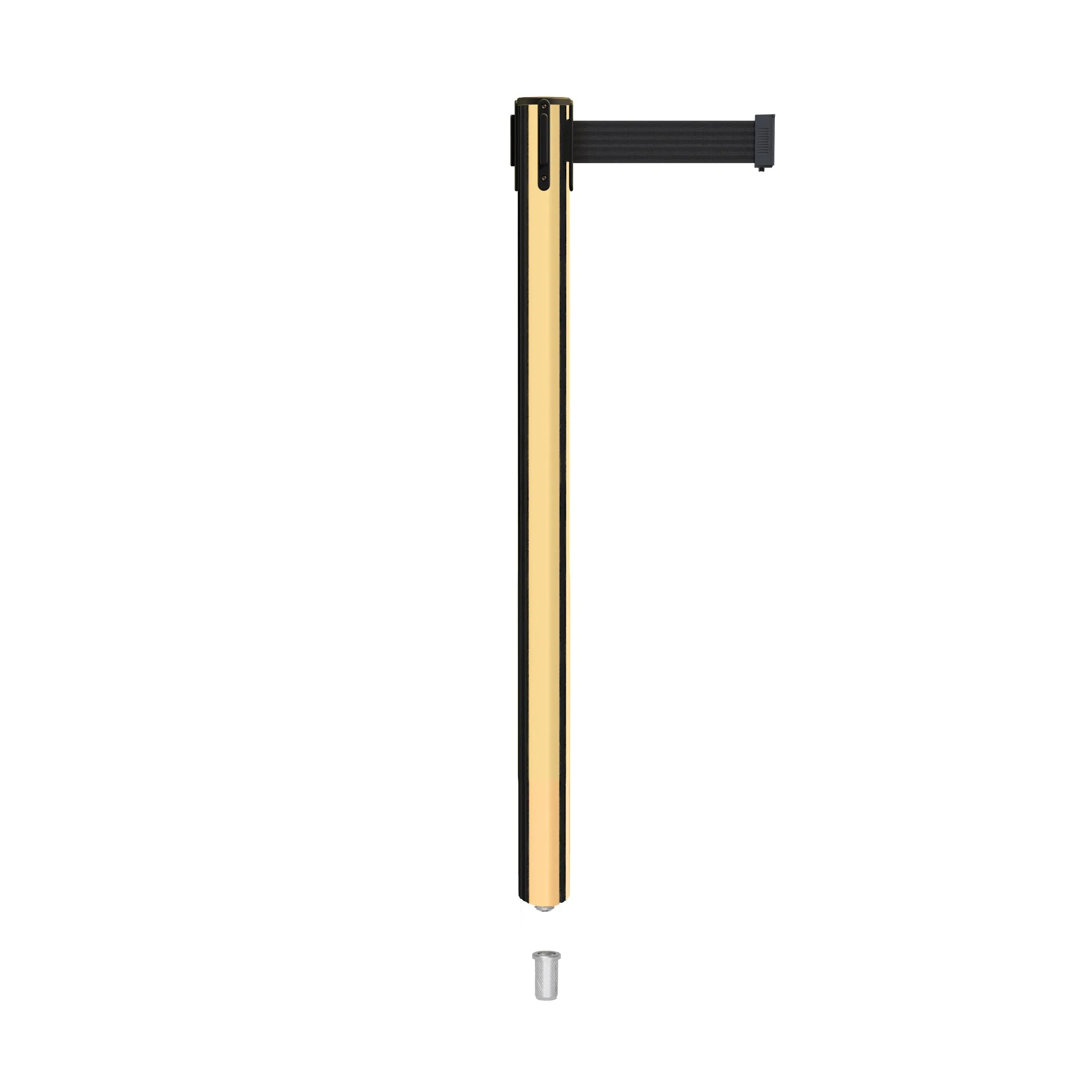 Retractable Belt Barrier Stanchion, Mini Socket Base, Polished Brass Post, 9 ft Belt - Montour Line MX630SK