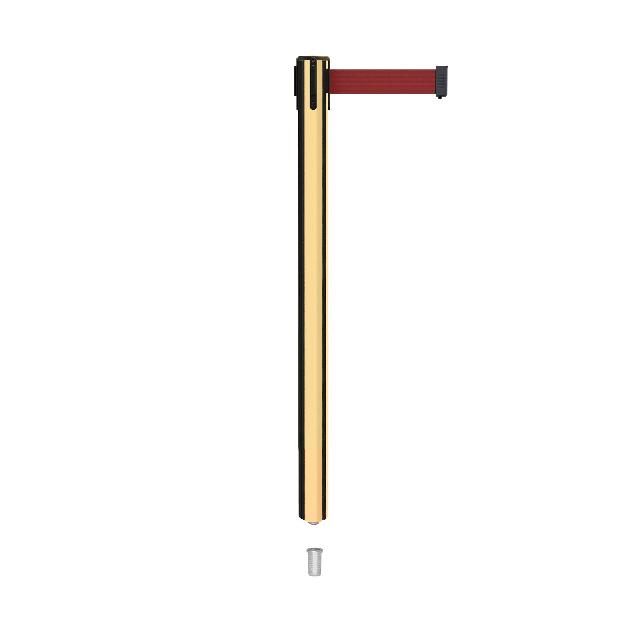 Retractable Belt Barrier Stanchion, Mini Socket Base, Polished Brass Post, 9 ft Belt - Montour Line MX630SK