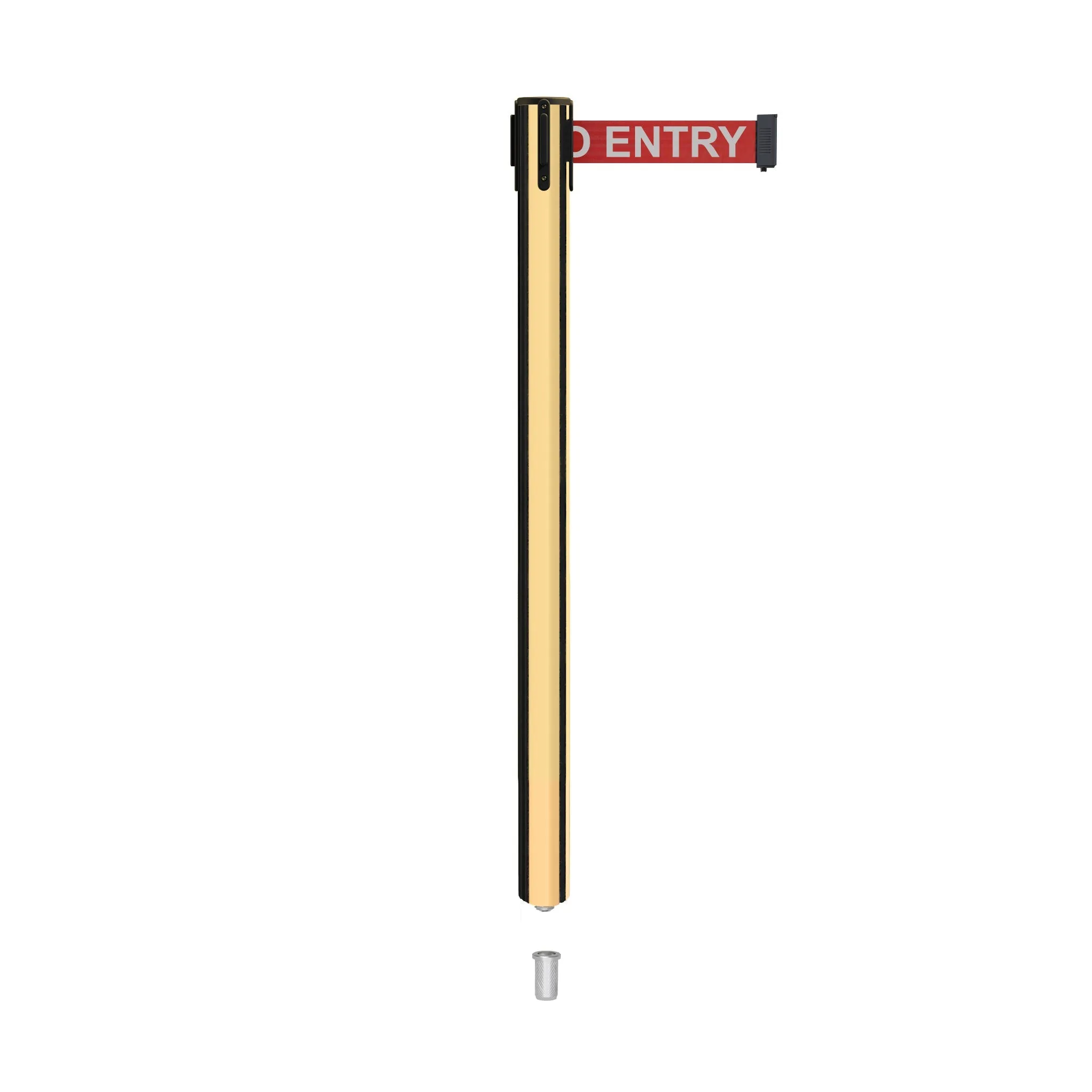 Retractable Belt Barrier Stanchion, Mini Socket Base, Polished Brass Post, 9 ft Belt - Montour Line MX630SK