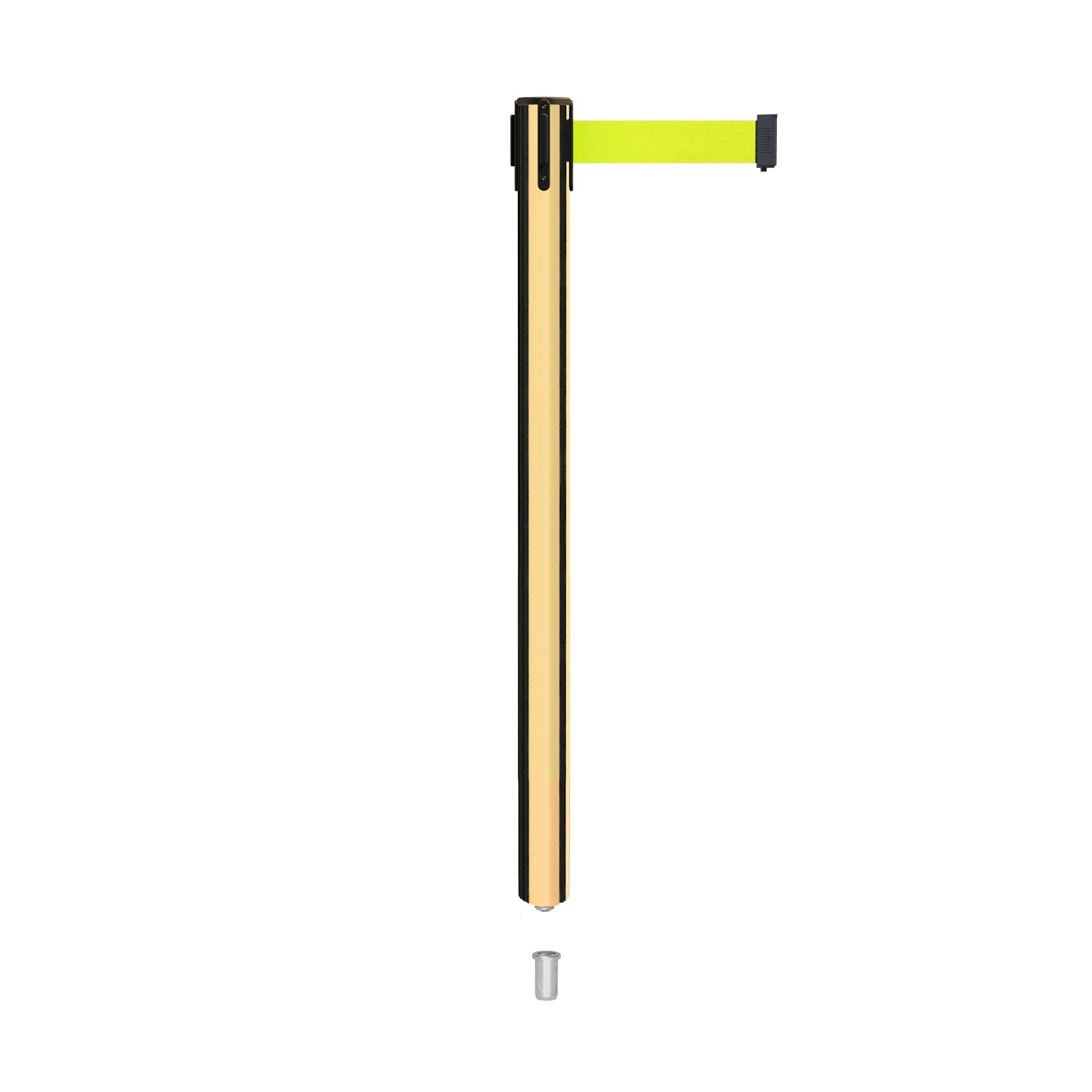Retractable Belt Barrier Stanchion, Mini Socket Base, Polished Brass Post, 9 ft Belt - Montour Line MX630SK