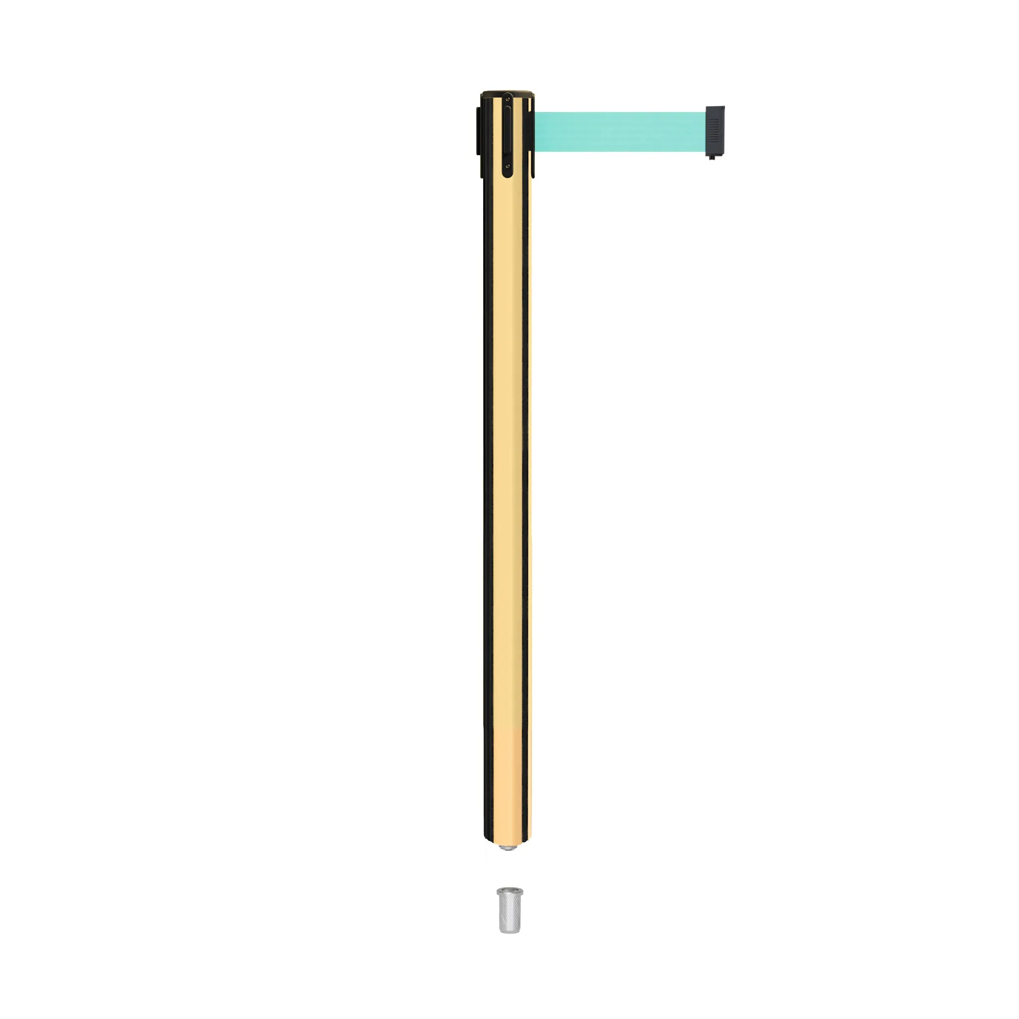 Retractable Belt Barrier Stanchion, Mini Socket Base, Polished Brass Post, 9 ft Belt - Montour Line MX630SK