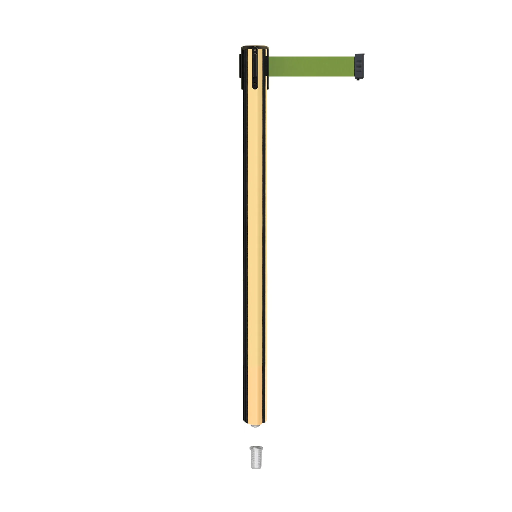 Retractable Belt Barrier Stanchion, Mini Socket Base, Polished Brass Post, 9 ft Belt - Montour Line MX630SK