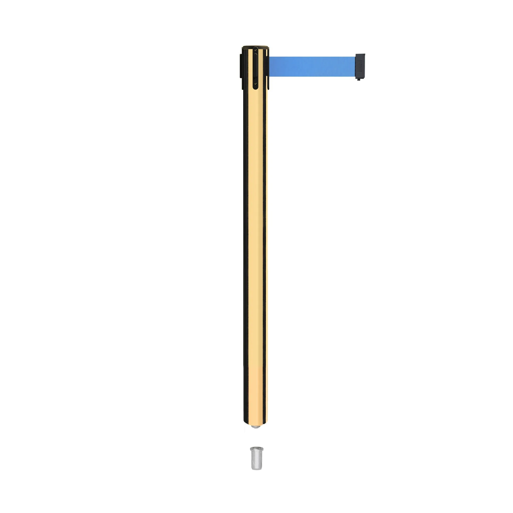 Retractable Belt Barrier Stanchion, Mini Socket Base, Polished Brass Post, 9 ft Belt - Montour Line MX630SK