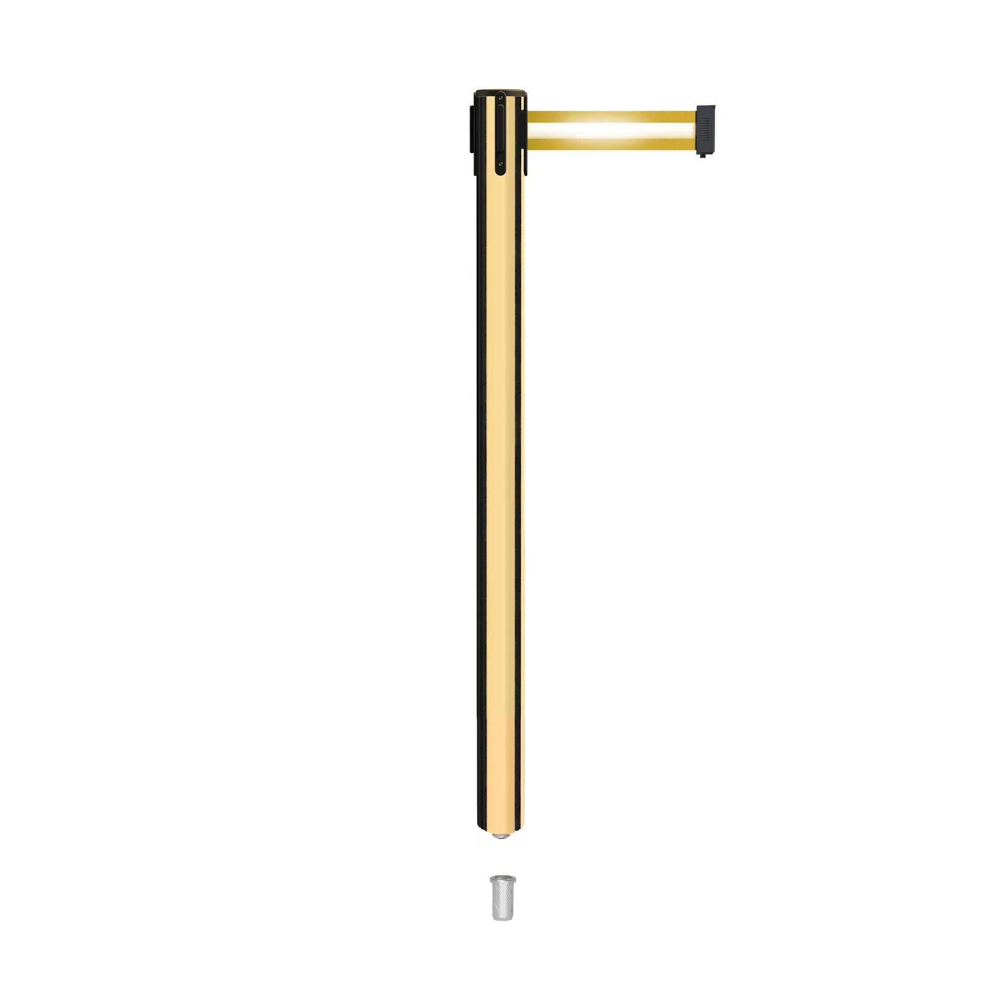 Retractable Belt Barrier Stanchion, Mini Socket Base, Polished Brass Post, 9 ft Belt - Montour Line MX630SK