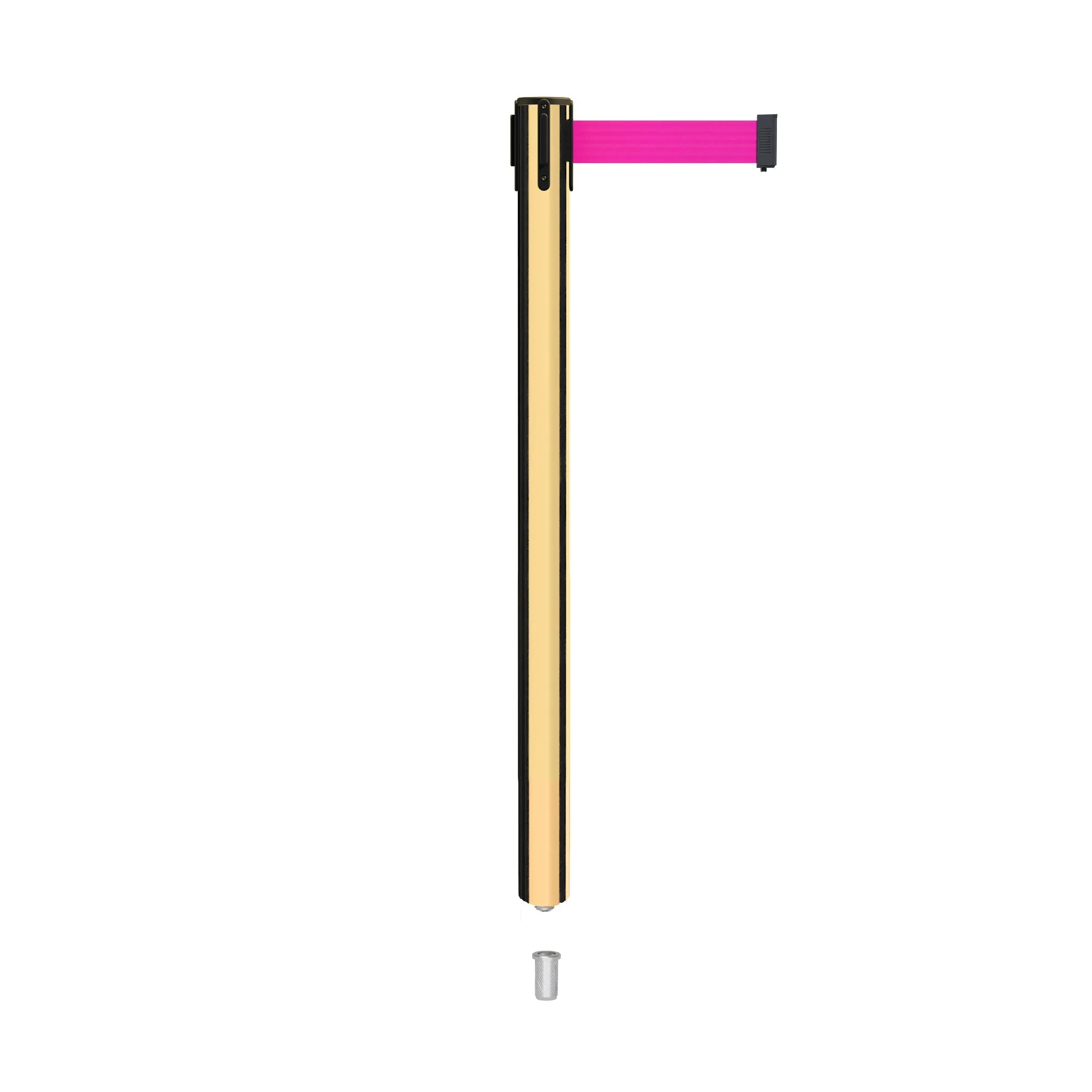 Retractable Belt Barrier Stanchion, Mini Socket Base, Polished Brass Post, 9 ft Belt - Montour Line MX630SK