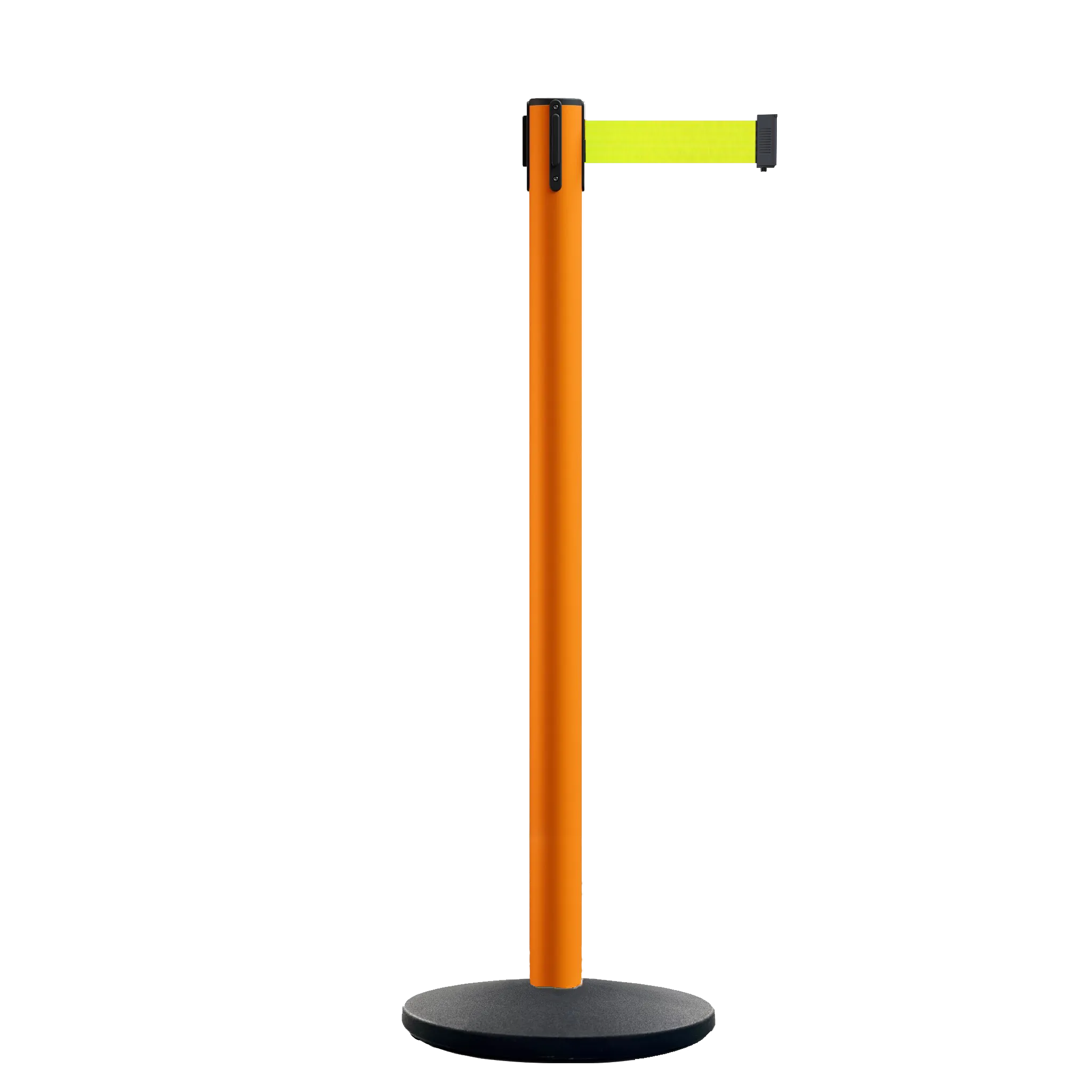 Retractable Belt Barrier Stanchion, Orange Post, Cast Iron Base, 11 Ft. Belt - Montour Line MSI630