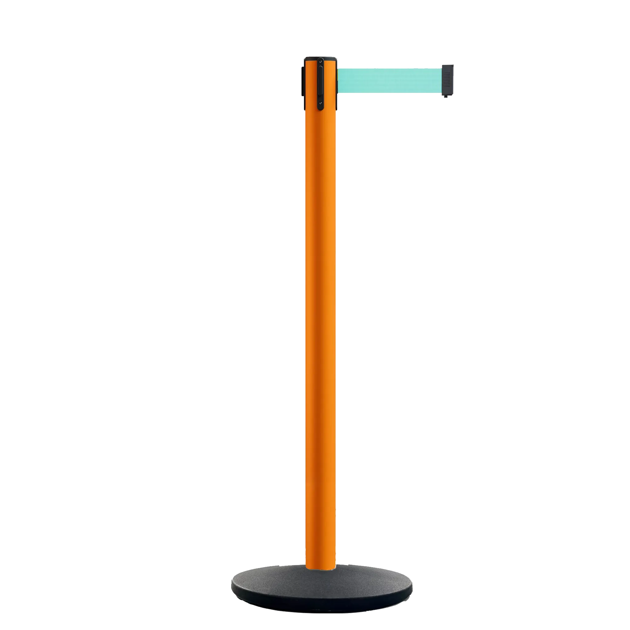 Retractable Belt Barrier Stanchion, Orange Post, Cast Iron Base, 11 Ft. Belt - Montour Line MSI630
