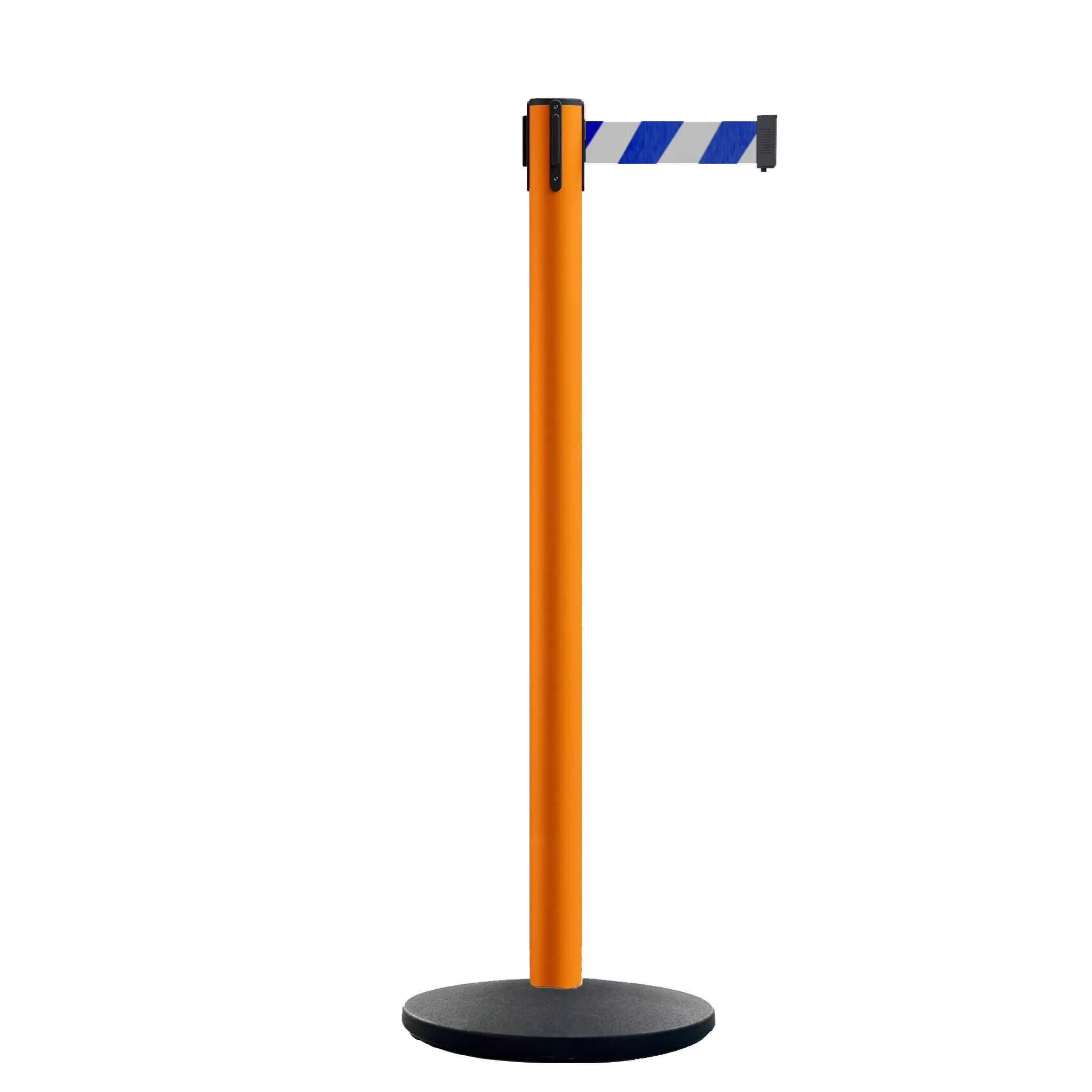 Retractable Belt Barrier Stanchion, Orange Post, Cast Iron Base, 11 Ft. Belt - Montour Line MSI630