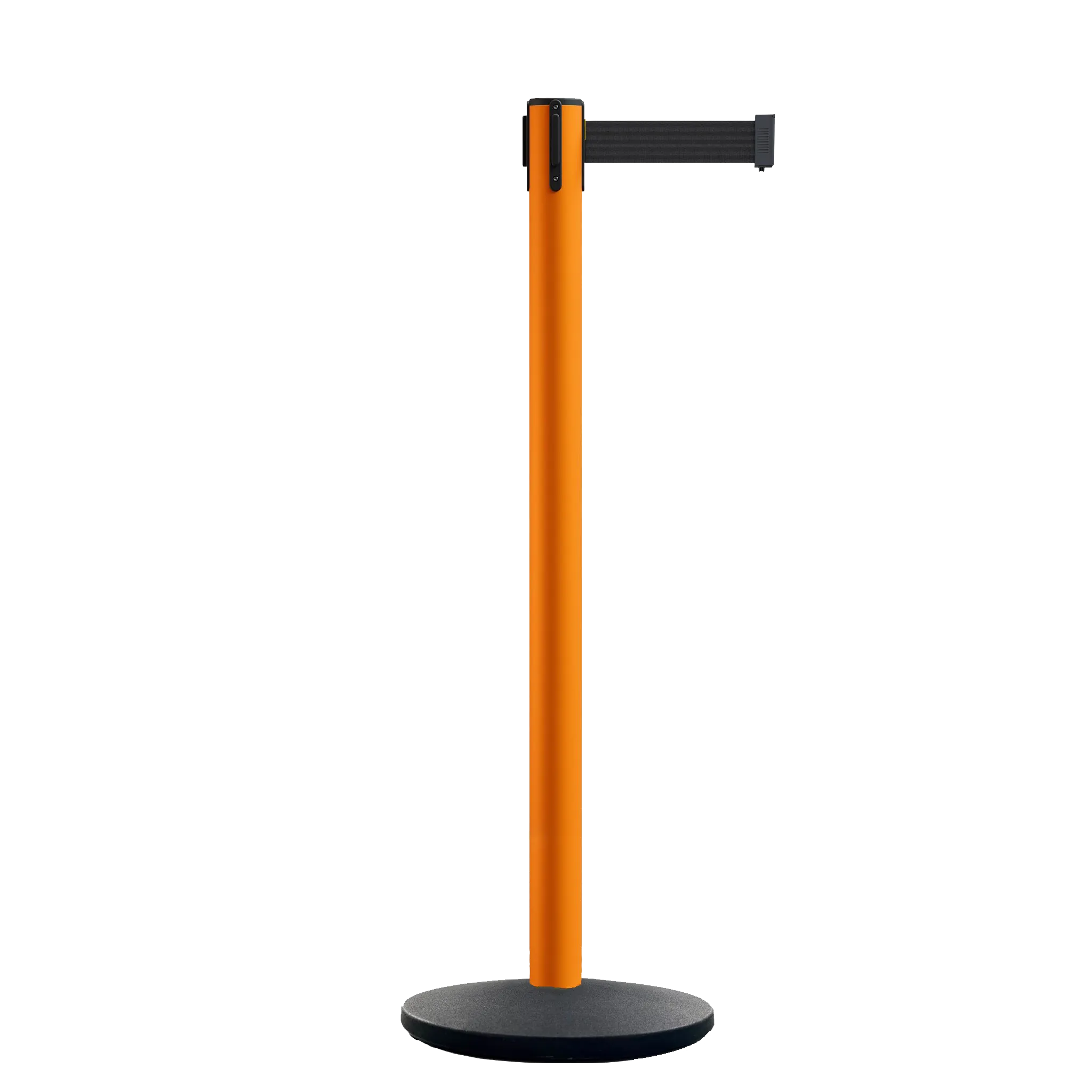 Retractable Belt Barrier Stanchion, Orange Post, Cast Iron Base, 11 Ft. Belt - Montour Line MSI630