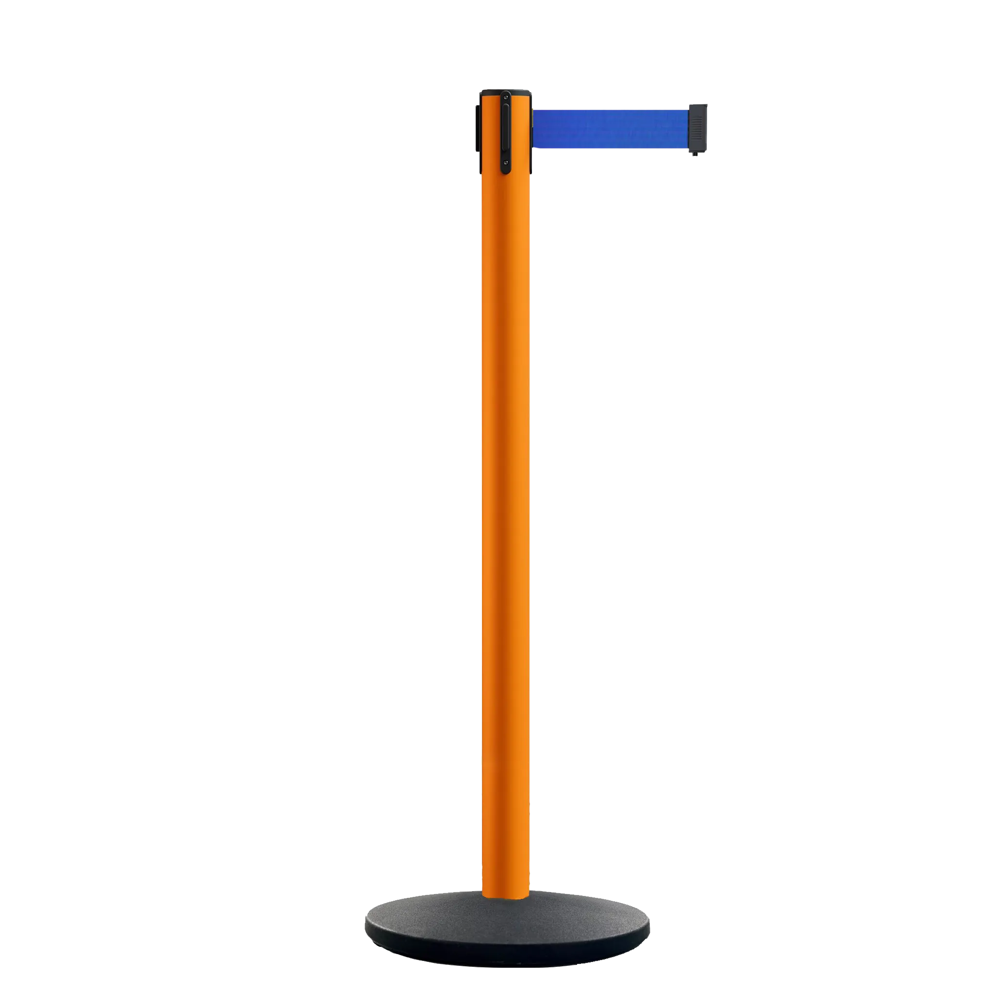 Retractable Belt Barrier Stanchion, Orange Post, Cast Iron Base, 11 Ft. Belt - Montour Line MSI630