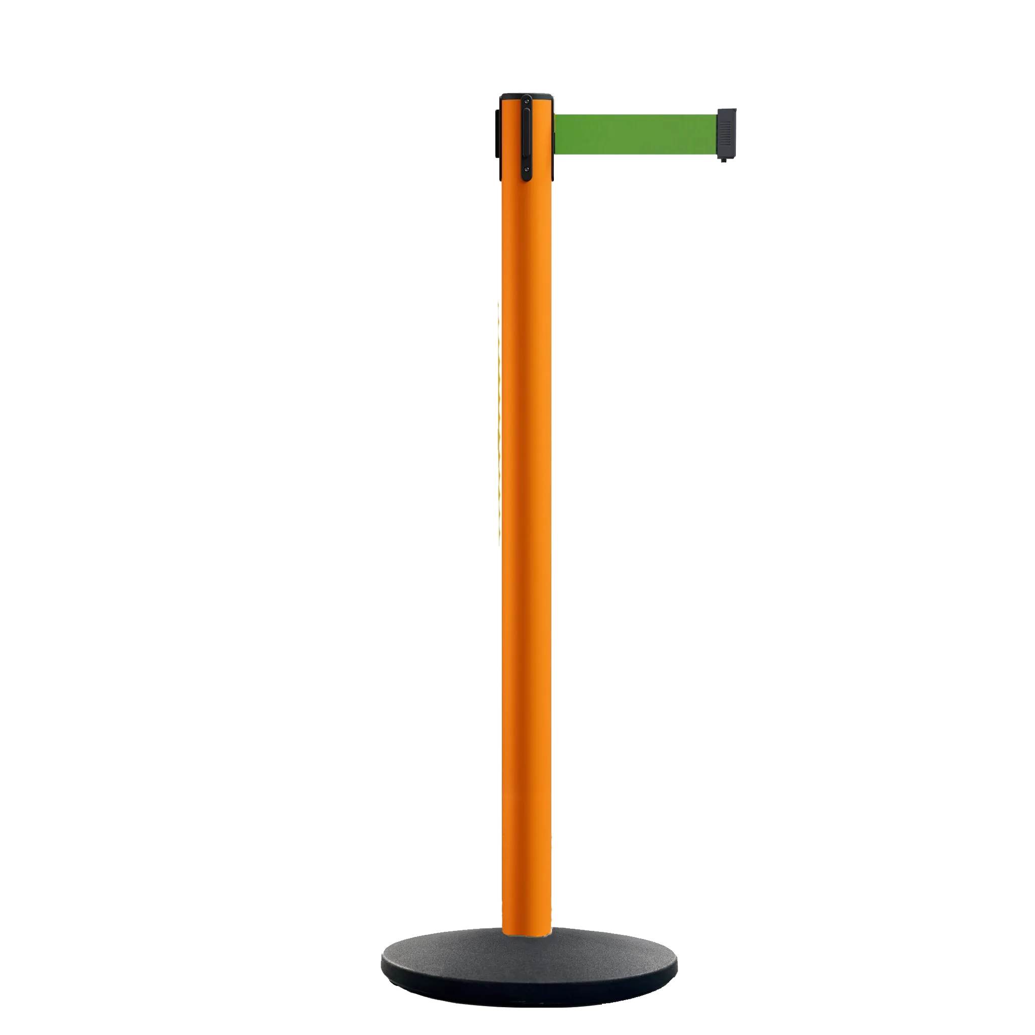Retractable Belt Barrier Stanchion, Orange Post, Cast Iron Base, 11 Ft. Belt - Montour Line MSI630